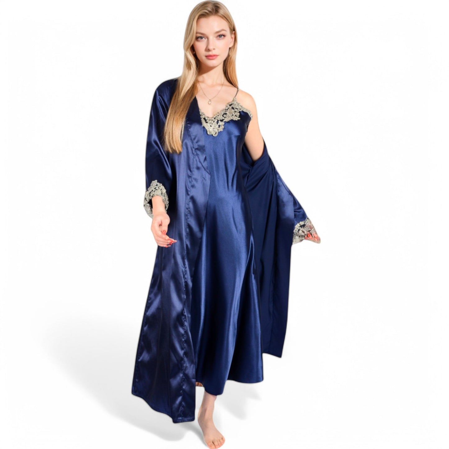 Anna-Kaci Women's Satin Long Robe and Lace Trim Nightgown Set- Black,Small