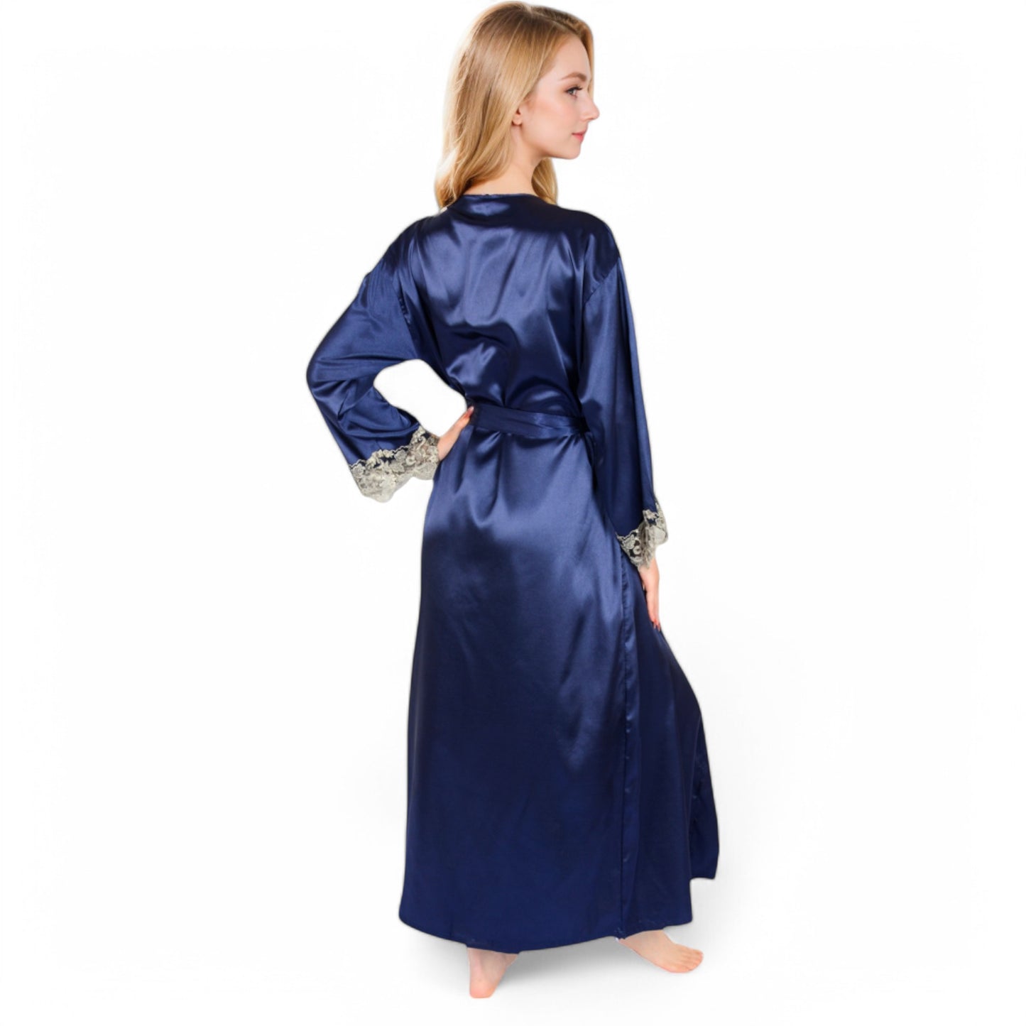 Anna-Kaci Women's Satin Long Robe and Lace Trim Nightgown Set- Black,Small
