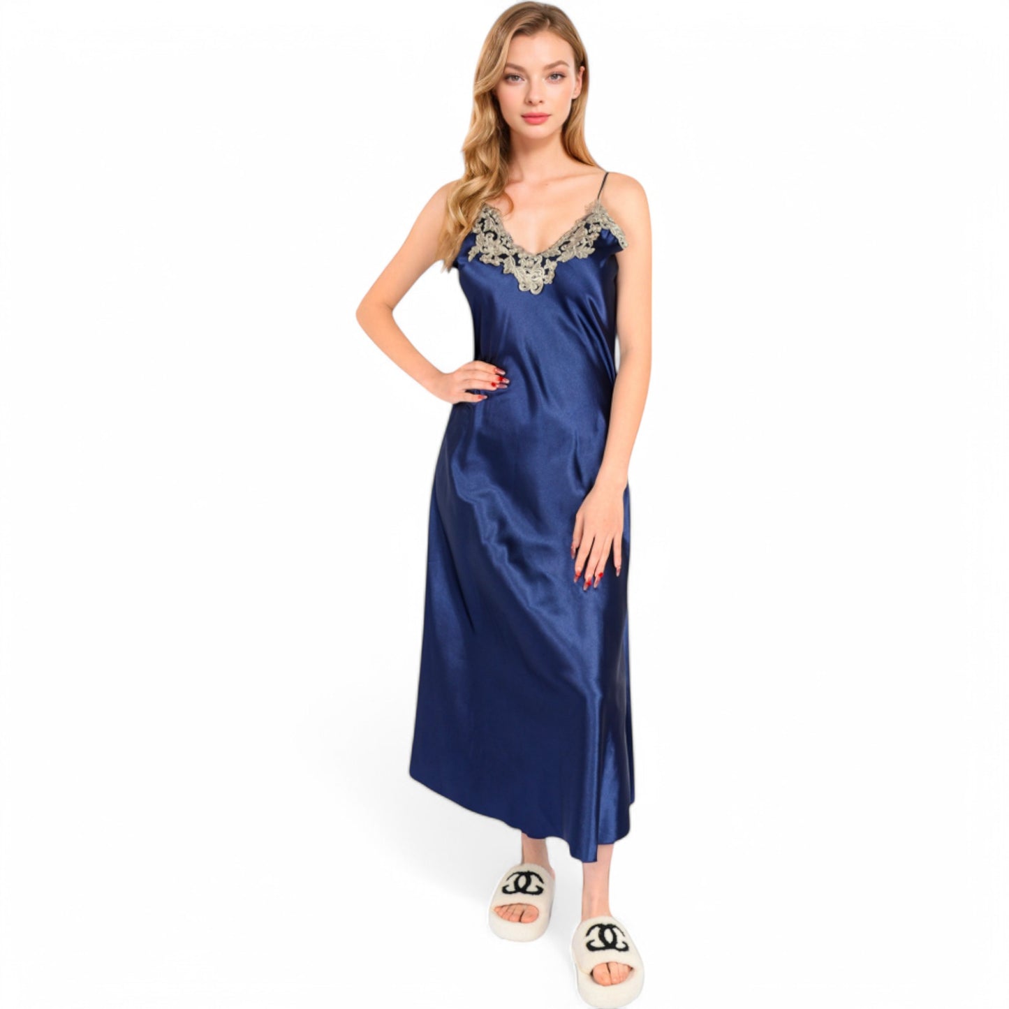 Anna-Kaci Women's Satin Long Robe and Lace Trim Nightgown Set- Black,Small