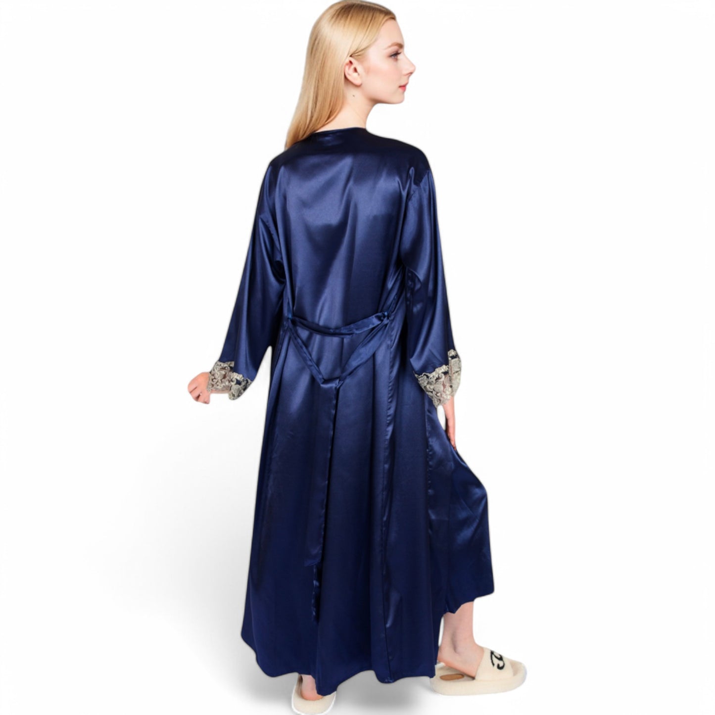 Anna-Kaci Women's Satin Long Robe and Lace Trim Nightgown Set- Black,Small
