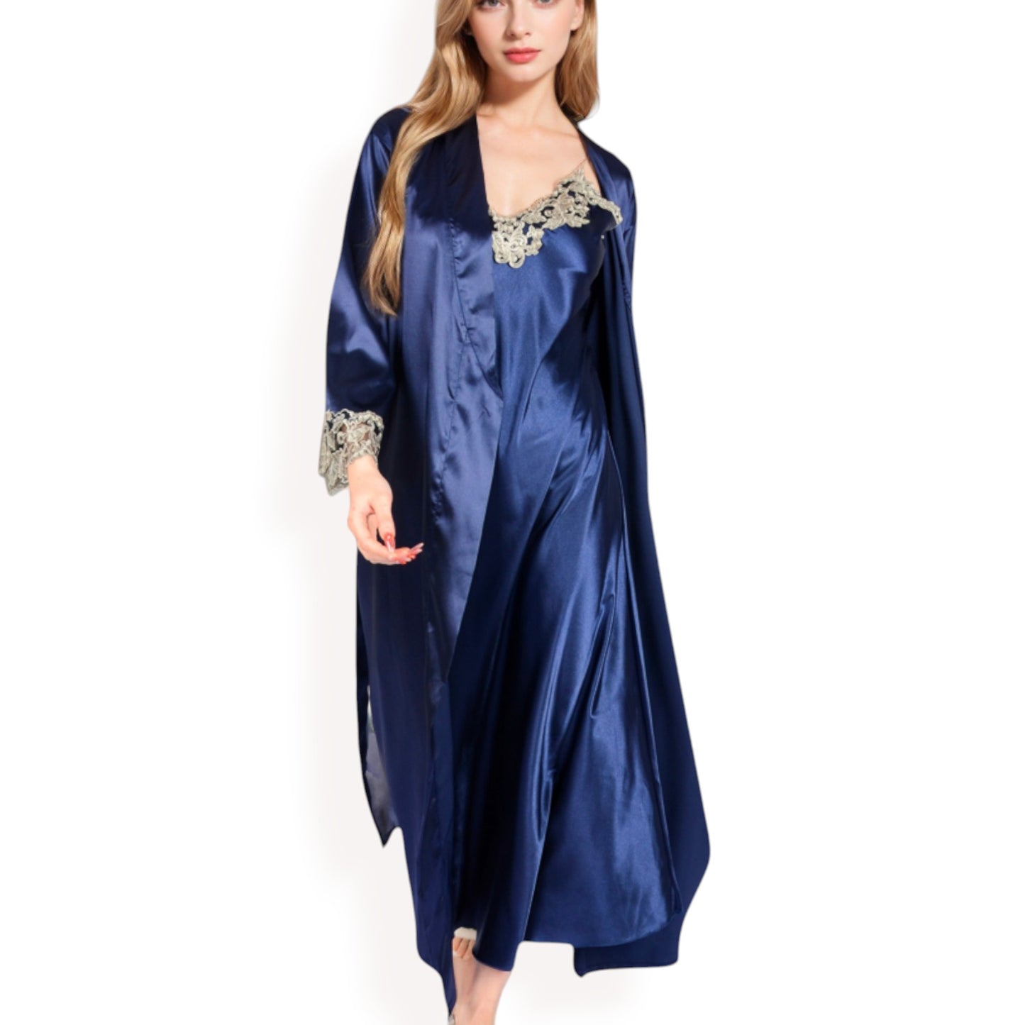 Anna-Kaci Women's Satin Long Robe and Lace Trim Nightgown Set- Black,Small