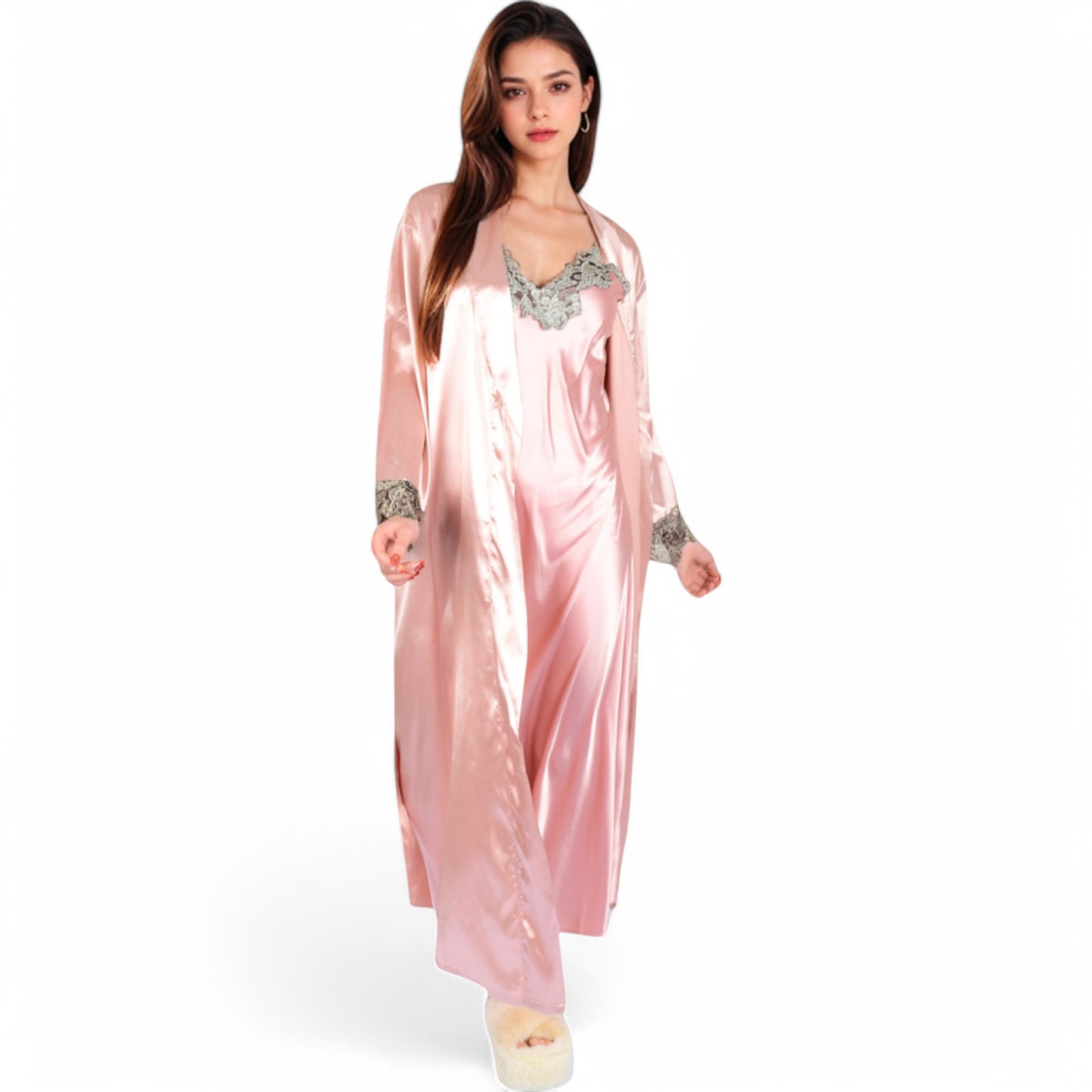 Anna-Kaci Women's Satin Long Robe and Lace Trim Nightgown Set- Black,Small