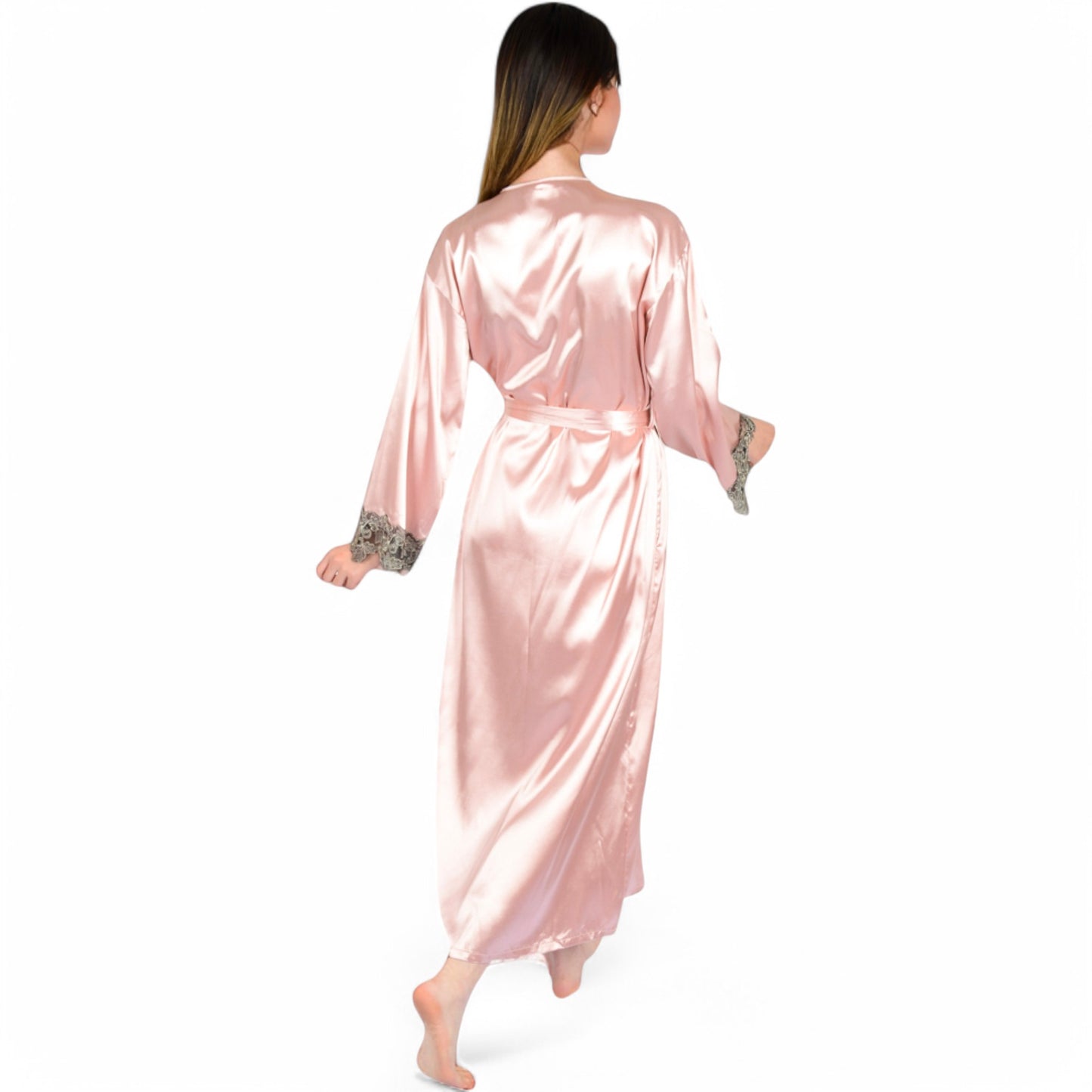 Anna-Kaci Women's Satin Long Robe and Lace Trim Nightgown Set- Black,Small