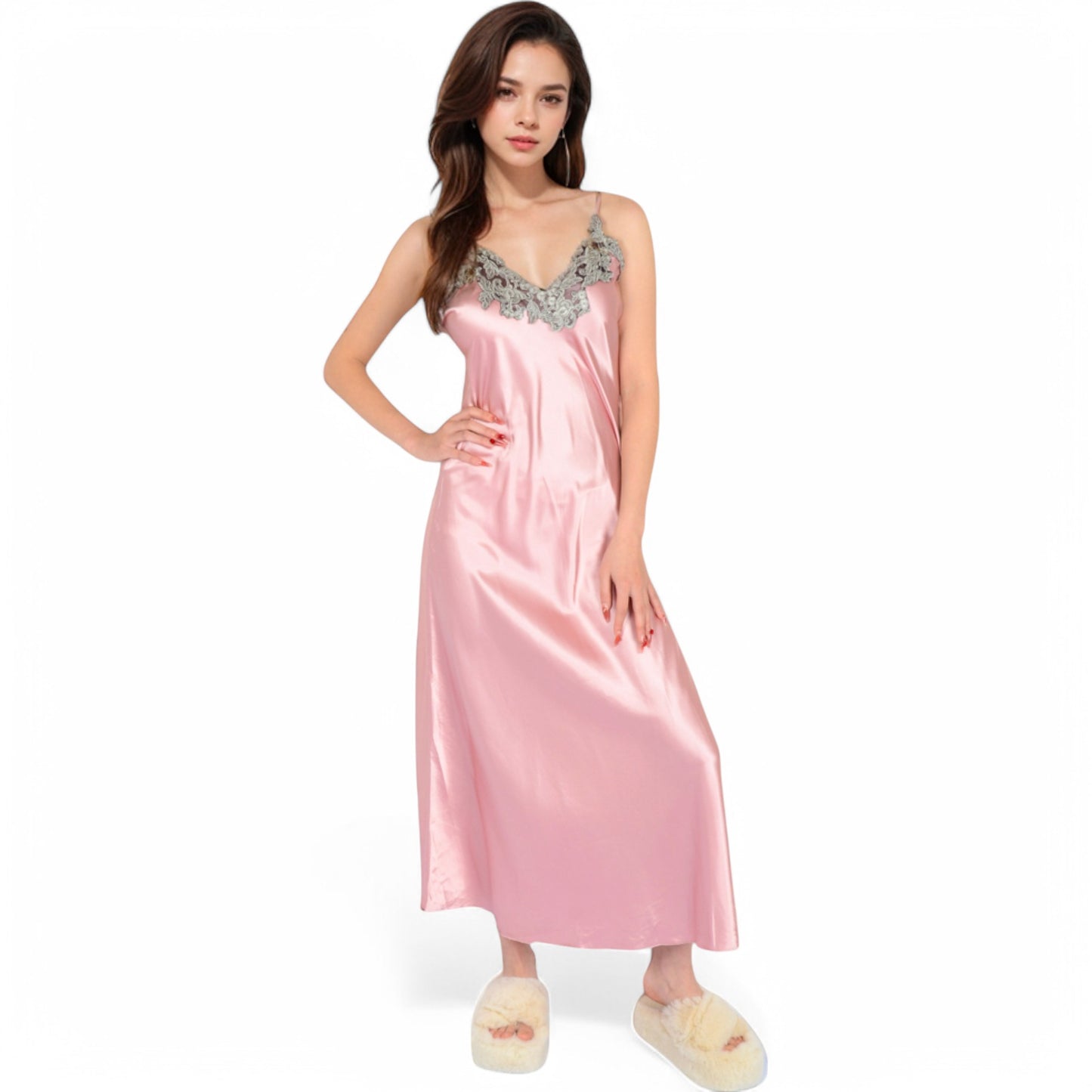 Anna-Kaci Women's Satin Long Robe and Lace Trim Nightgown Set- Black,Small