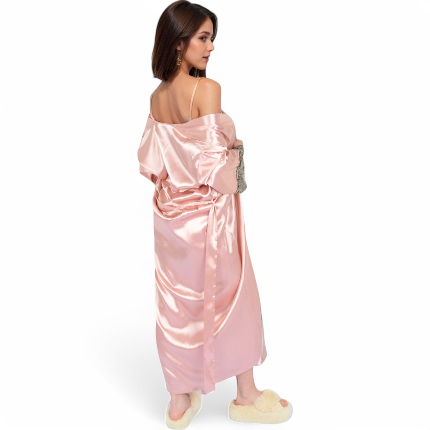 Anna-Kaci Women's Satin Long Robe and Lace Trim Nightgown Set- Black,Small