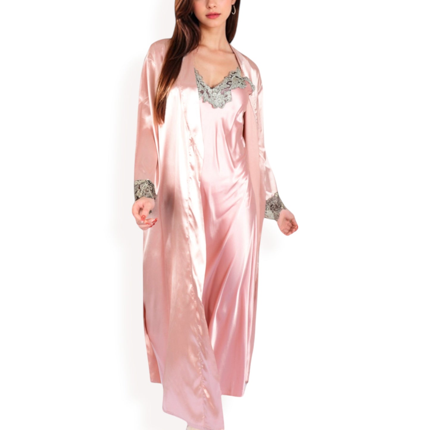 Anna-Kaci Women's Satin Long Robe and Lace Trim Nightgown Set- Black,Small