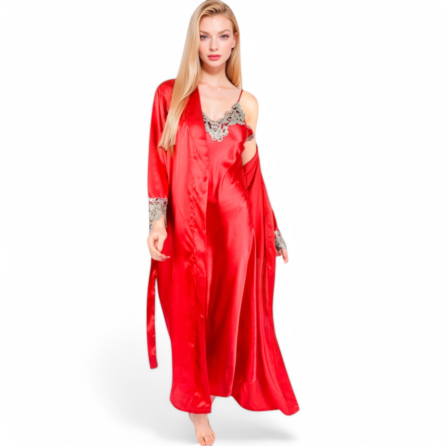 Anna-Kaci Women's Satin Long Robe and Lace Trim Nightgown Set- Black,Small