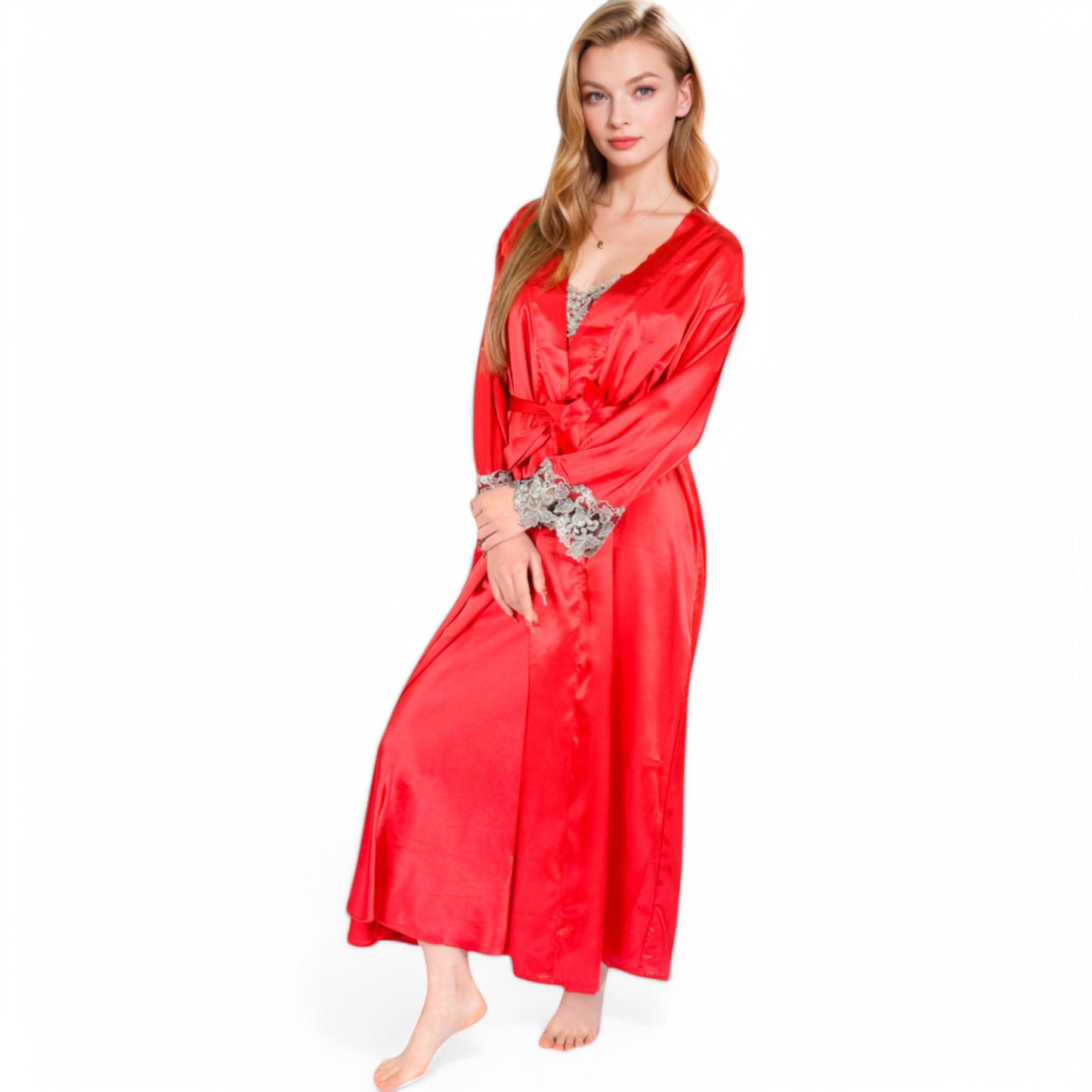 Anna-Kaci Women's Satin Long Robe and Lace Trim Nightgown Set- Black,Small