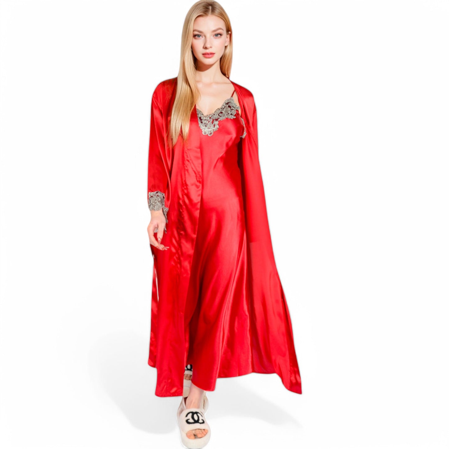 Anna-Kaci Women's Satin Long Robe and Lace Trim Nightgown Set- Black,Small