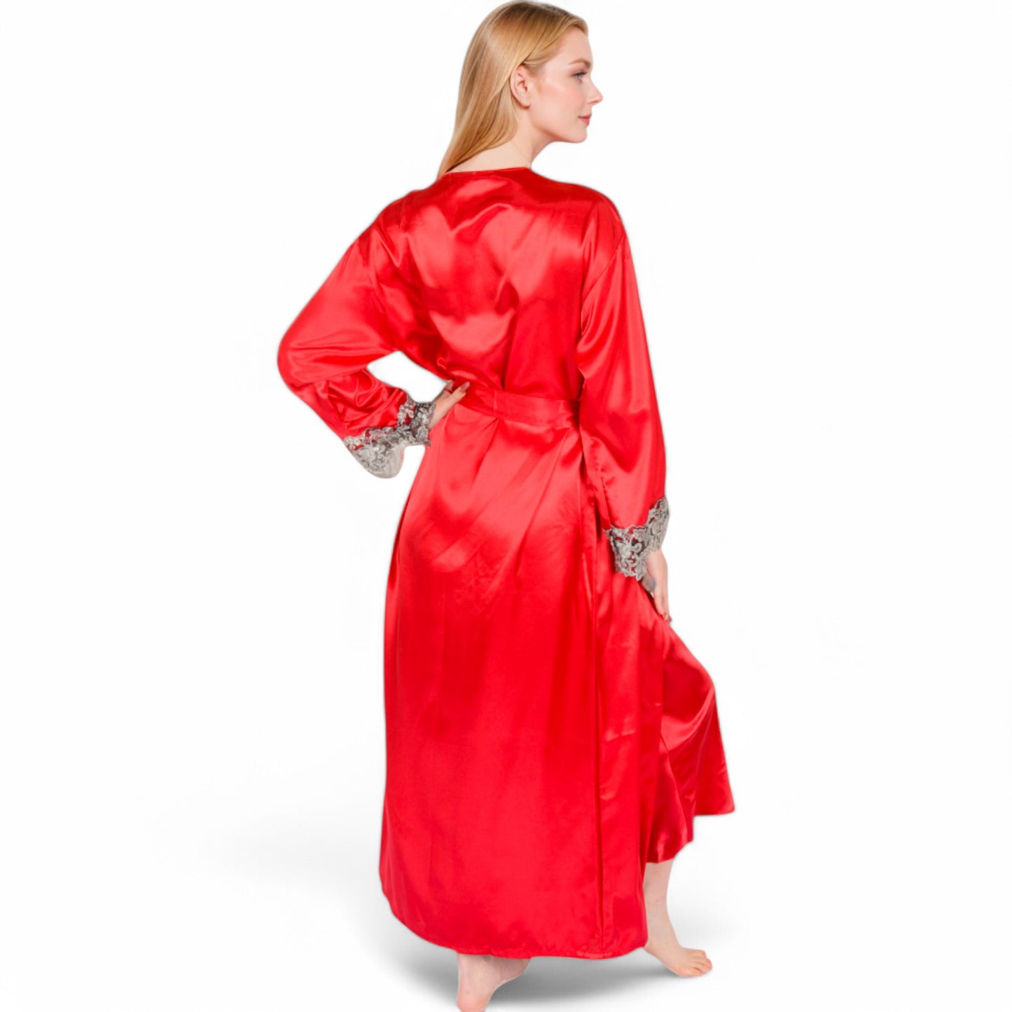 Anna-Kaci Women's Satin Long Robe and Lace Trim Nightgown Set- Black,Small