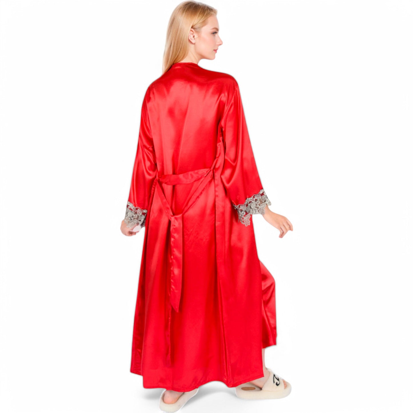 Anna-Kaci Women's Satin Long Robe and Lace Trim Nightgown Set- Black,Small