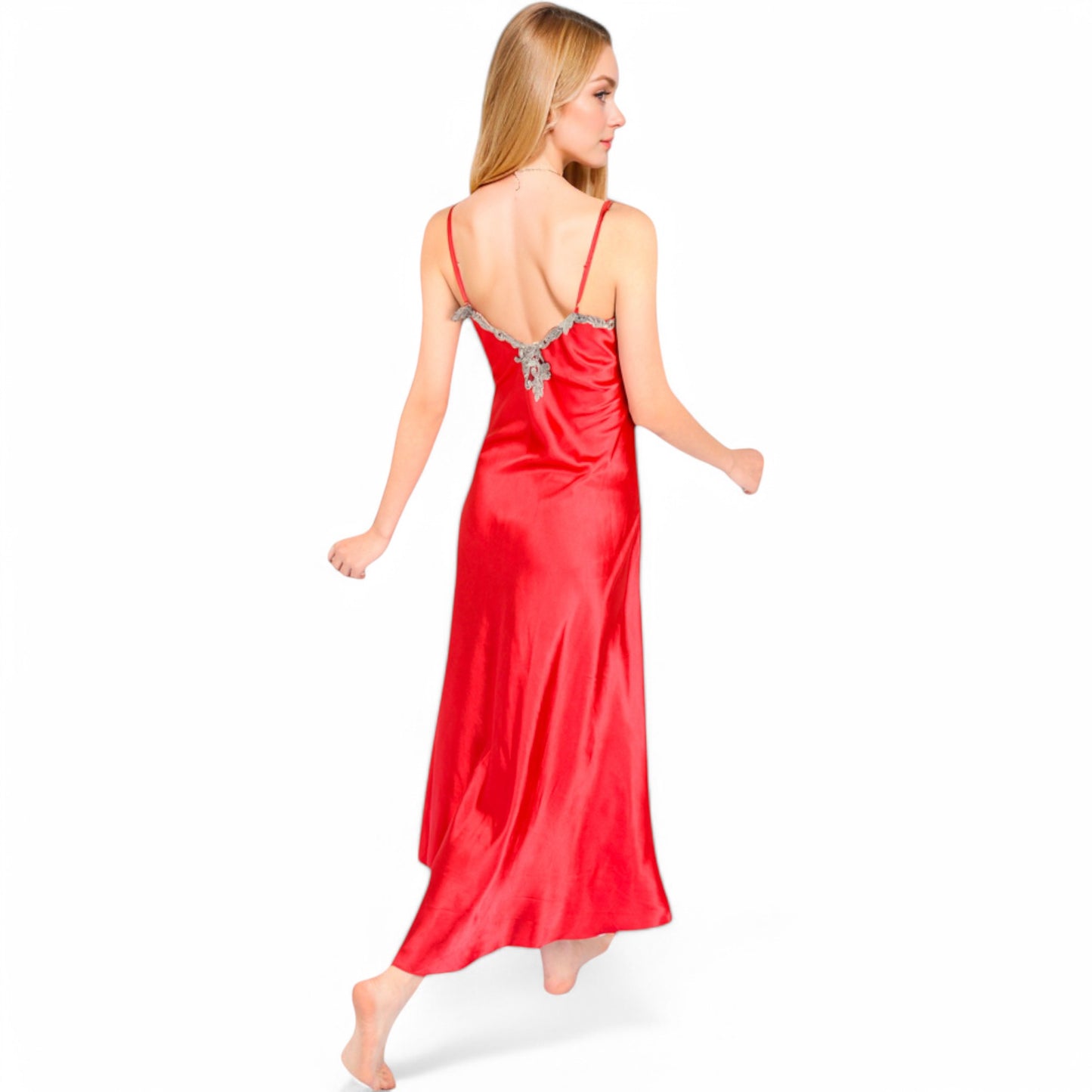 Anna-Kaci Women's Satin Long Robe and Lace Trim Nightgown Set- Black,Small