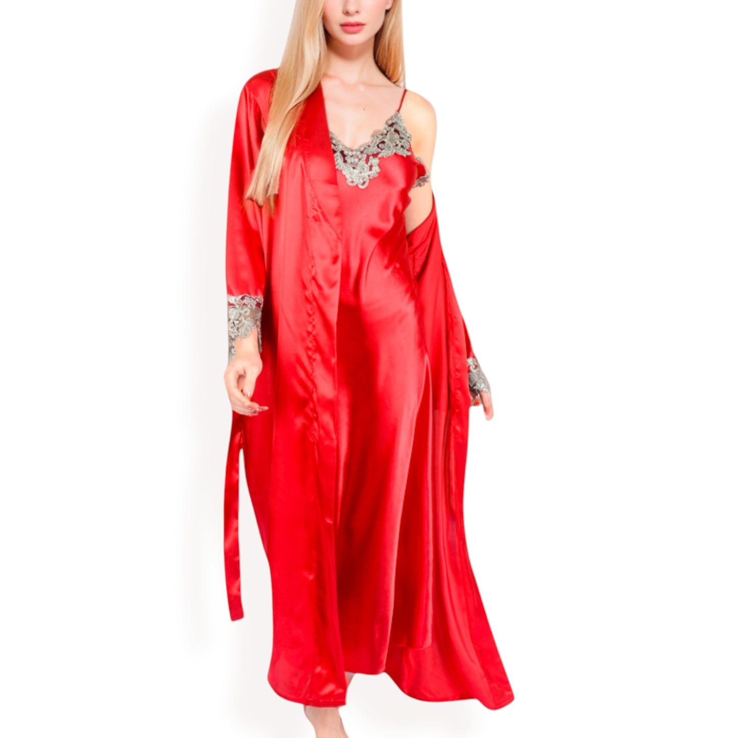 Anna-Kaci Women's Satin Long Robe and Lace Trim Nightgown Set- Black,Small