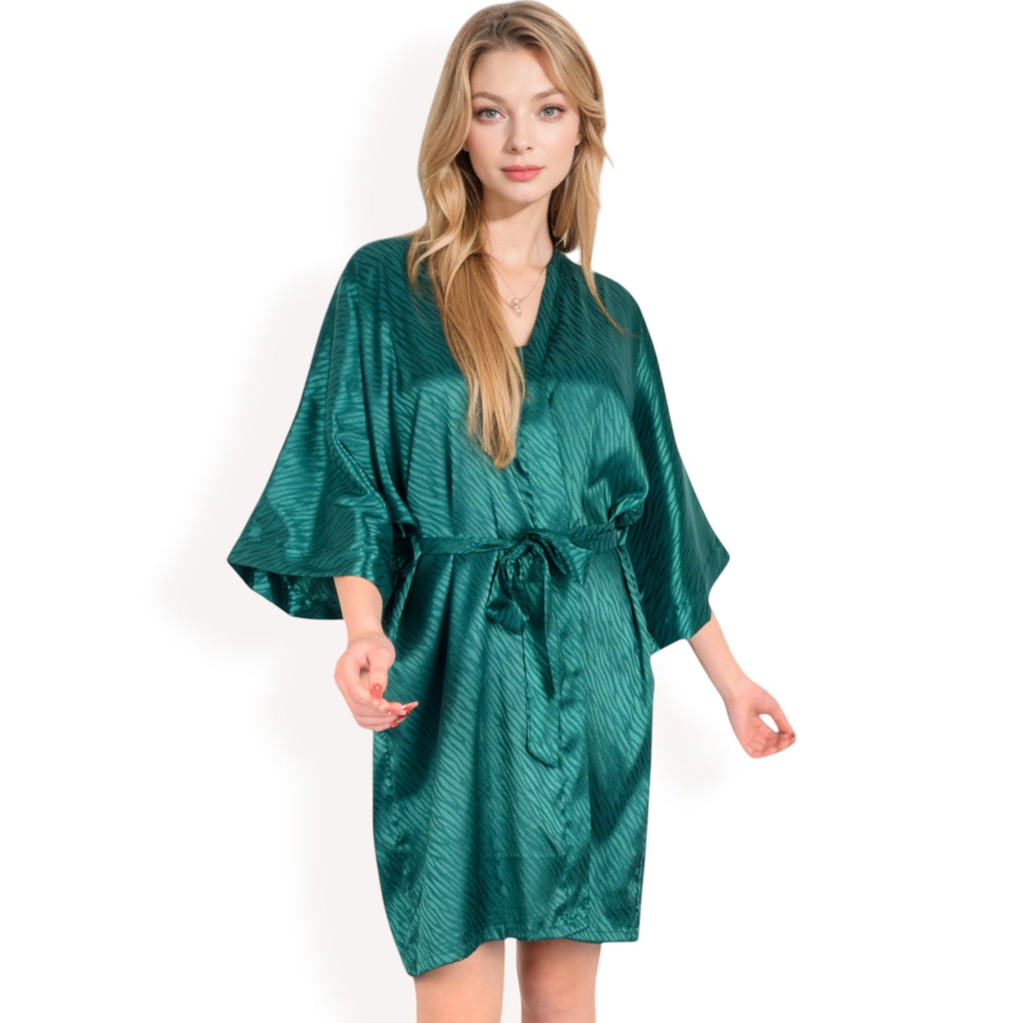 Anna-Kaci Women's Satin Duster Robe with Tie Waist and Wide Sleeves- Dark Olive,Small