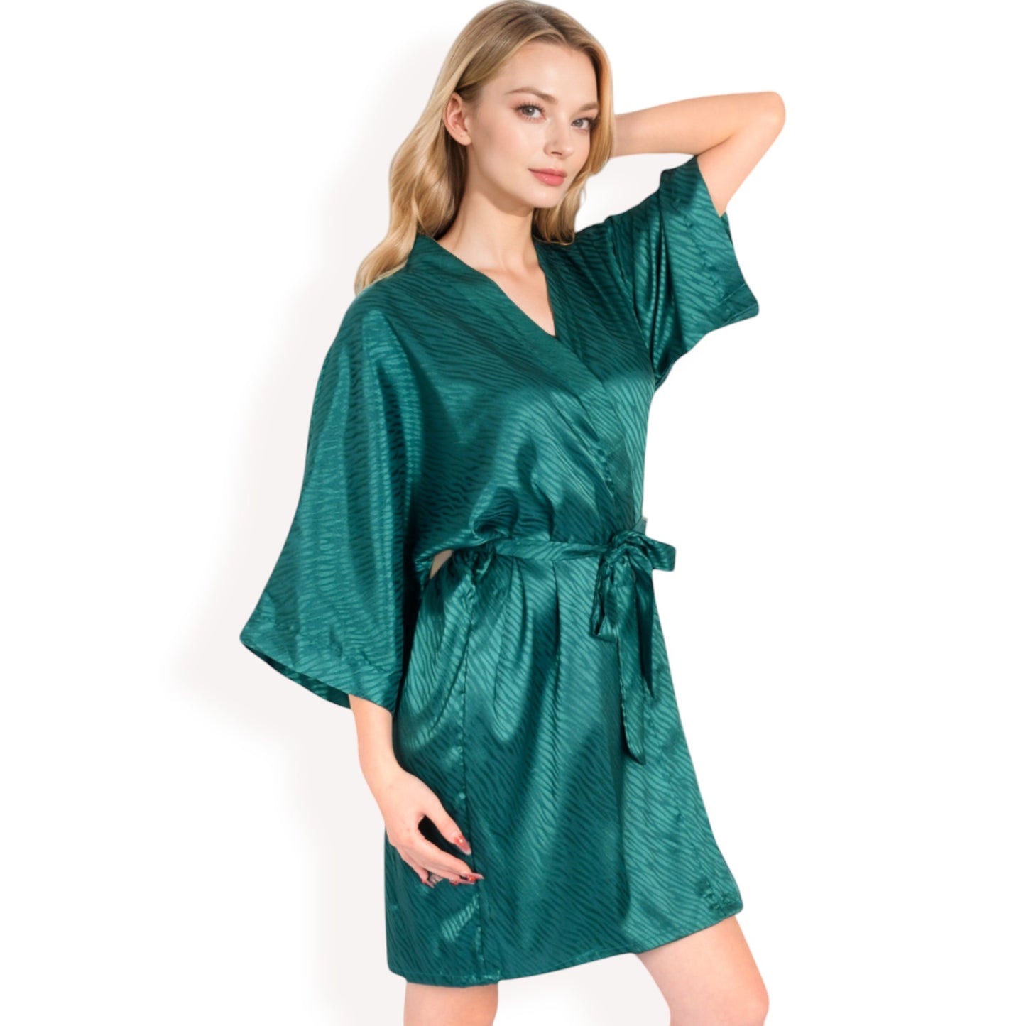 Anna-Kaci Women's Satin Duster Robe with Tie Waist and Wide Sleeves- Dark Olive,Small