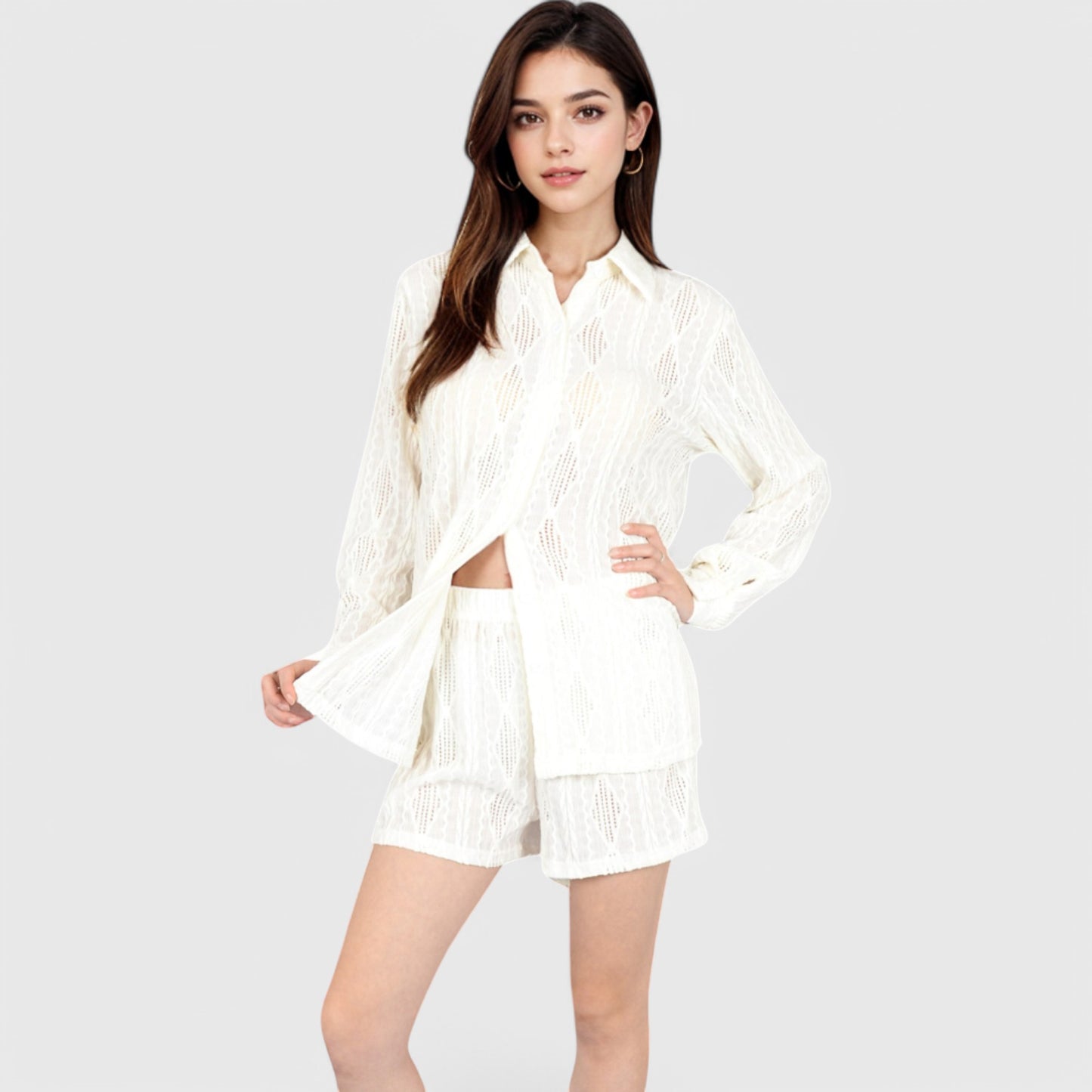 Anna-Kaci Women's Textured Button-Up Shirt and Shorts Lounge Set