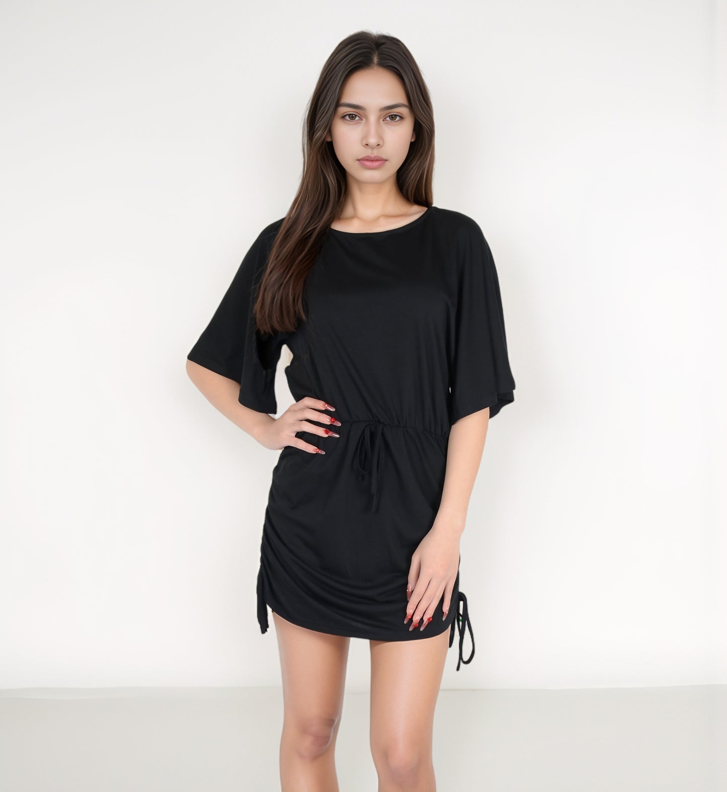 Anna-Kaci Women's Off-Shoulder Batwing Sleeve Drawstring Ruched Mini Dress