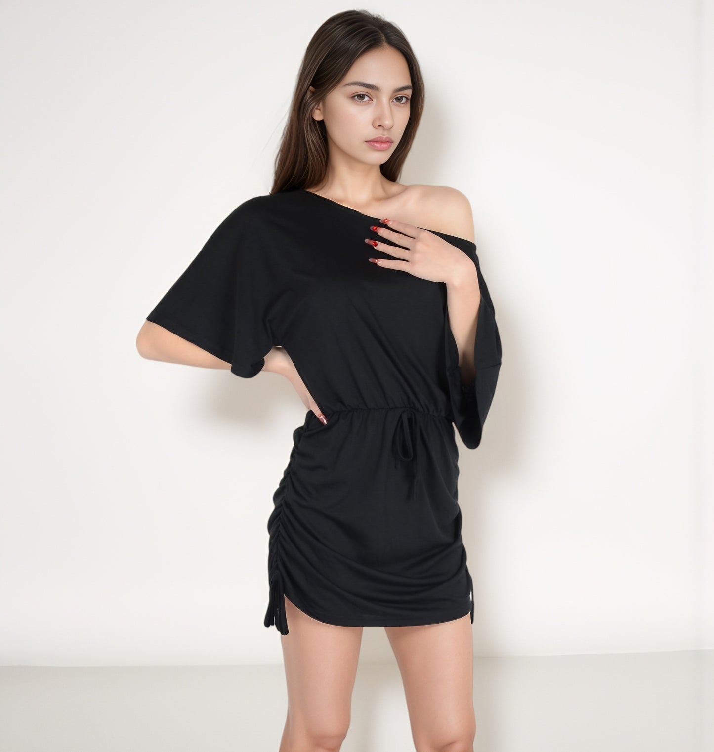 Anna-Kaci Women's Off-Shoulder Batwing Sleeve Drawstring Ruched Mini Dress