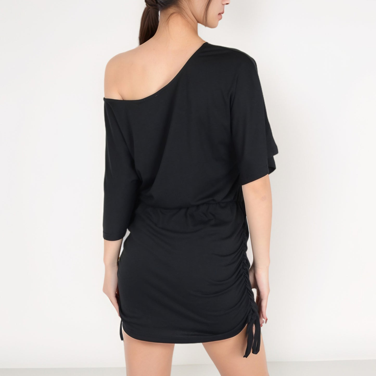 Anna-Kaci Women's Off-Shoulder Batwing Sleeve Drawstring Ruched Mini Dress