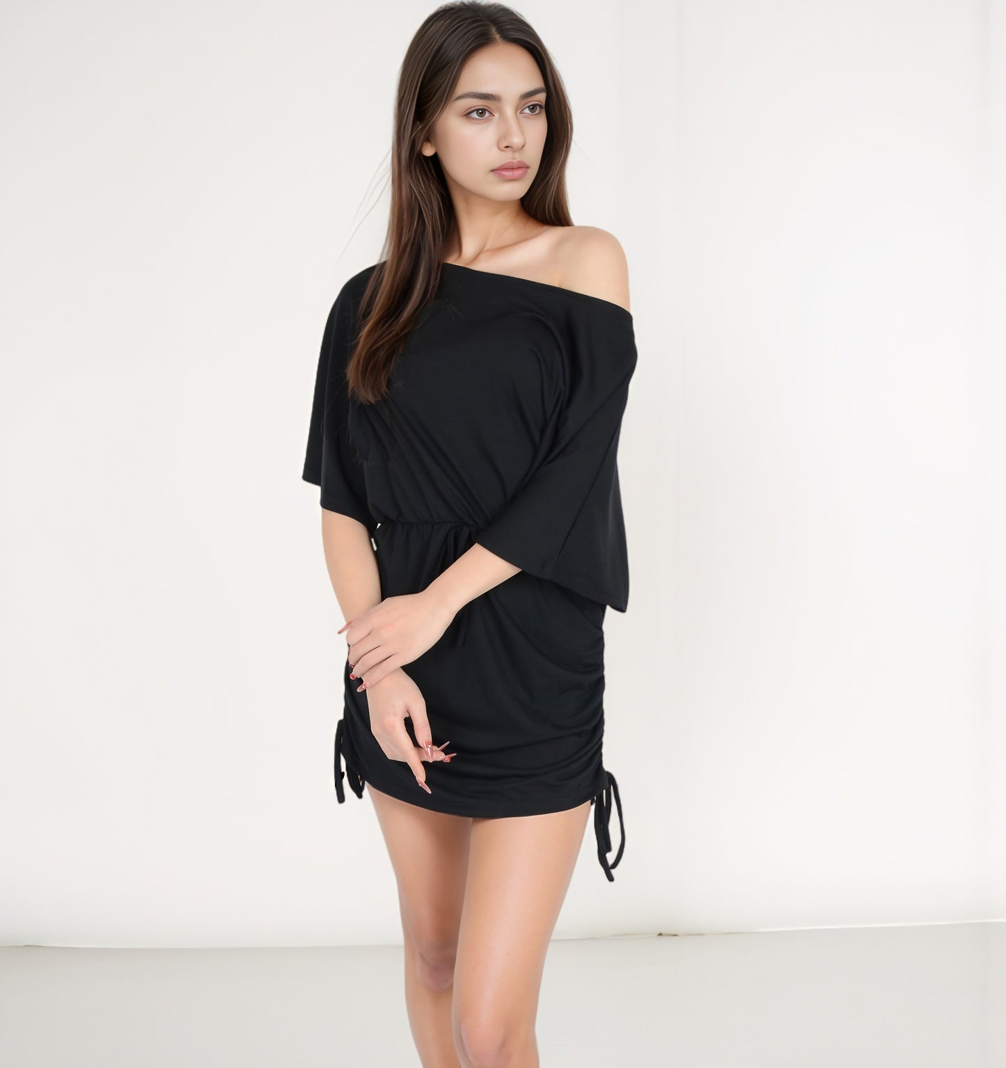 Anna-Kaci Women's Off-Shoulder Batwing Sleeve Drawstring Ruched Mini Dress