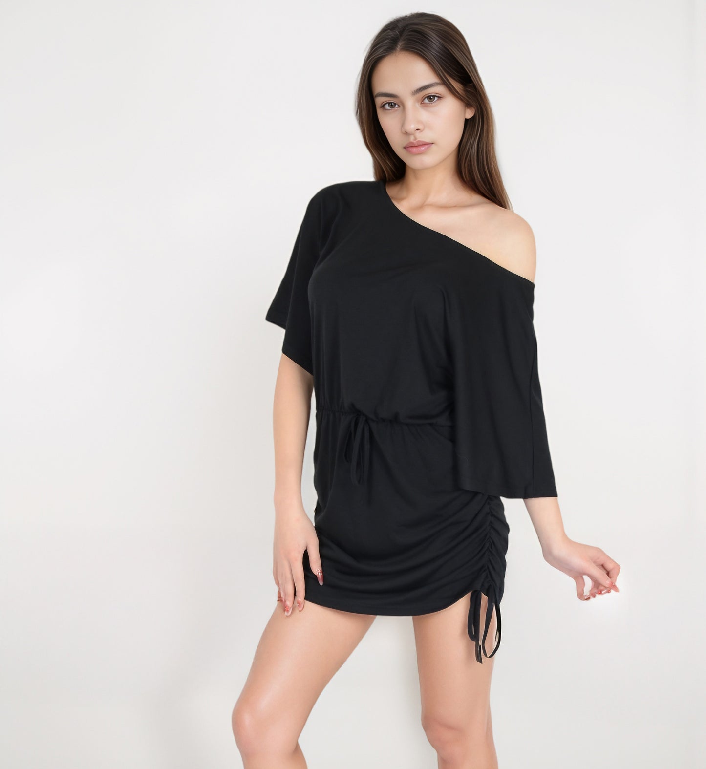 Anna-Kaci Women's Off-Shoulder Batwing Sleeve Drawstring Ruched Mini Dress