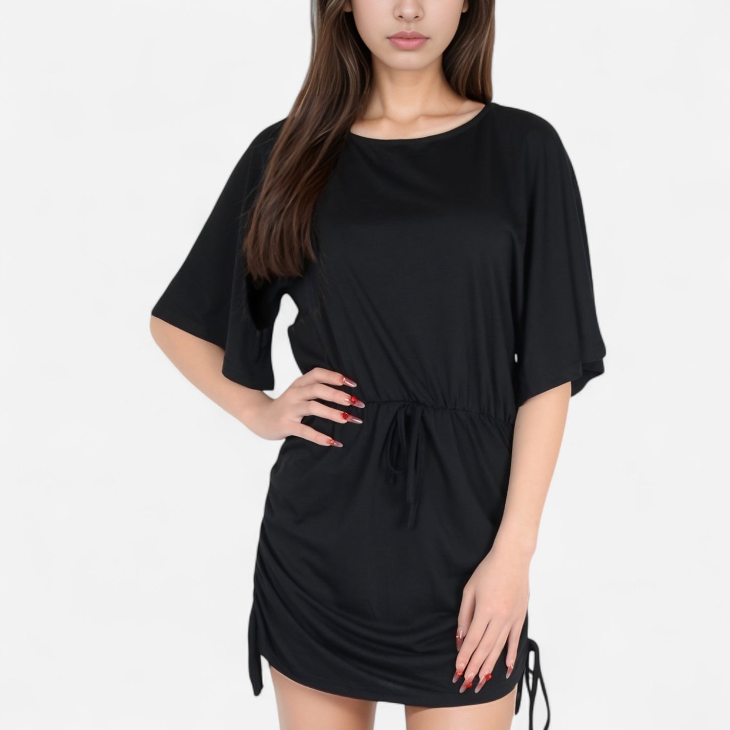 Anna-Kaci Women's Off-Shoulder Batwing Sleeve Drawstring Ruched Mini Dress