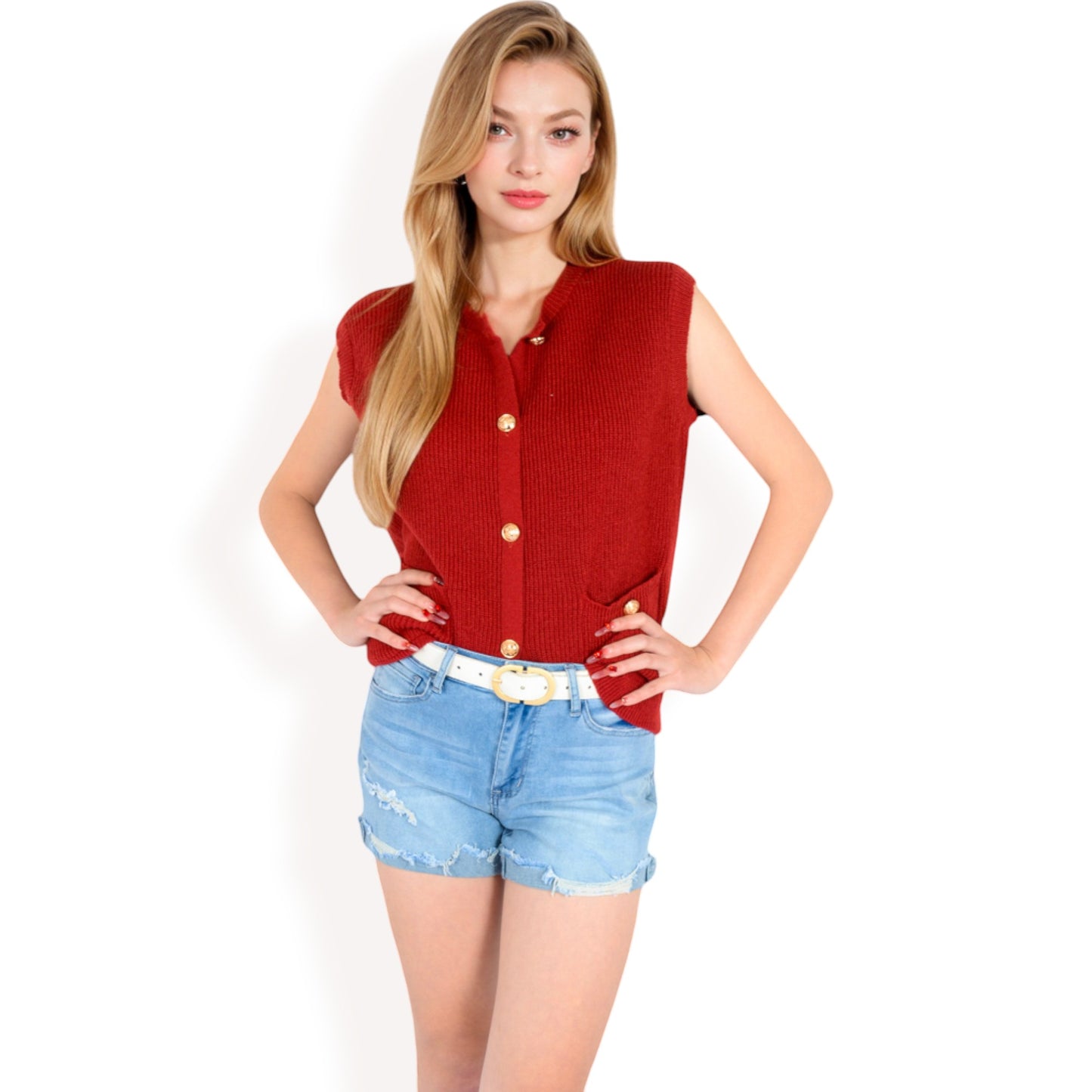 Anna-Kaci Women's Sleeveless Knit Cardigan Vest with Button Front and Pocket Detail