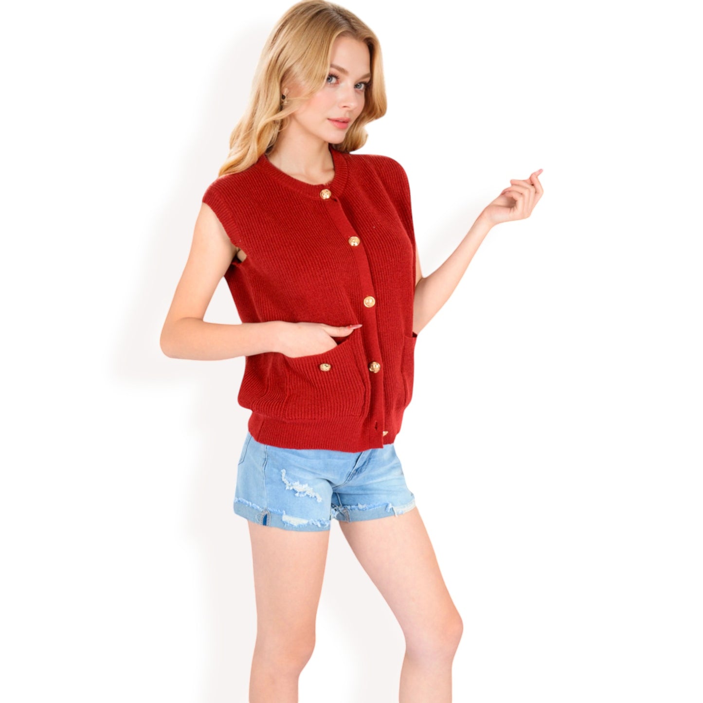 Anna-Kaci Women's Sleeveless Knit Cardigan Vest with Button Front and Pocket Detail