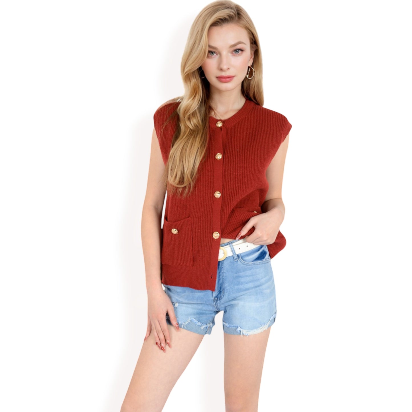 Anna-Kaci Women's Sleeveless Knit Cardigan Vest with Button Front and Pocket Detail