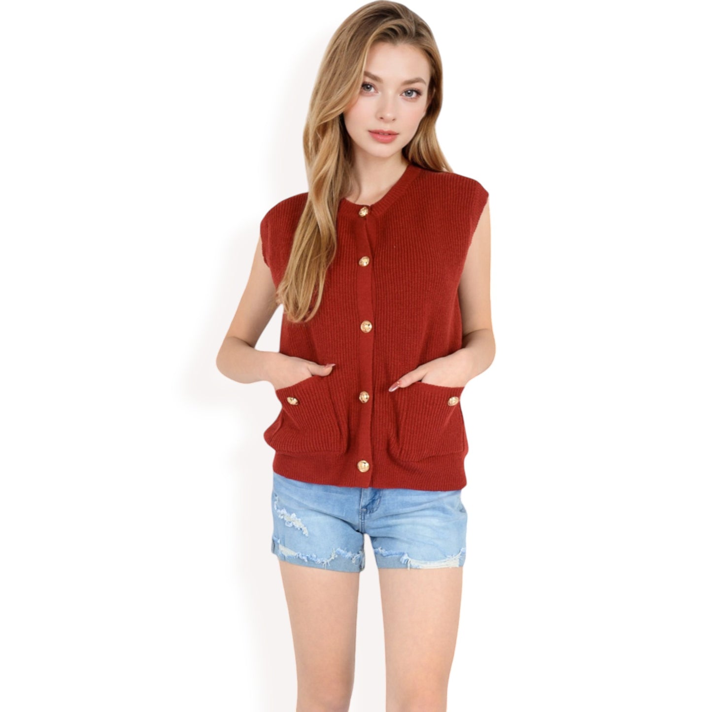 Anna-Kaci Women's Sleeveless Knit Cardigan Vest with Button Front and Pocket Detail