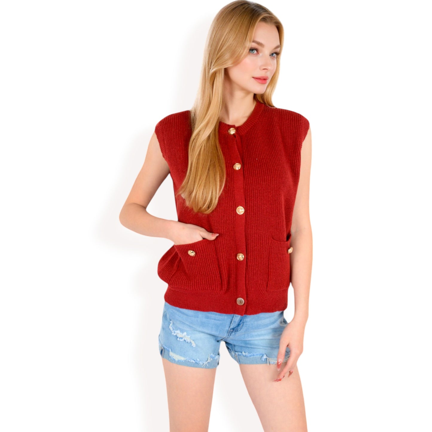 Anna-Kaci Women's Sleeveless Knit Cardigan Vest with Button Front and Pocket Detail