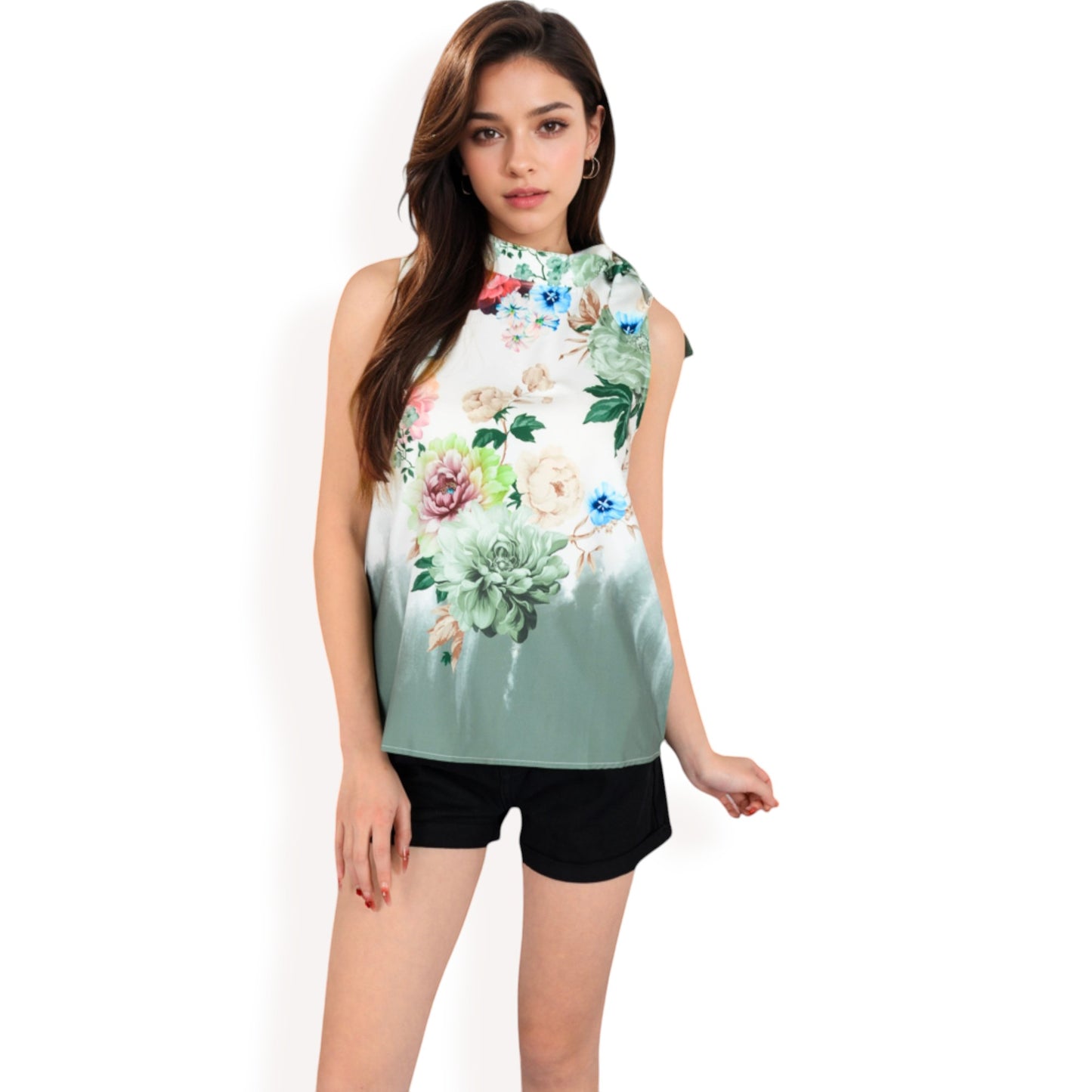 Anna-Kaci Women's Floral Print High Neck Blouse with Side Bow Tie Detail