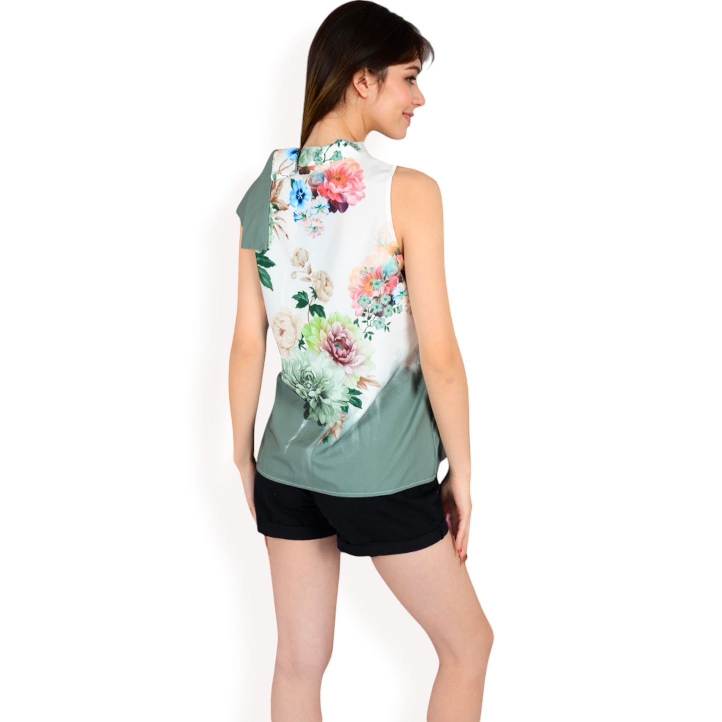 Anna-Kaci Women's Floral Print High Neck Blouse with Side Bow Tie Detail