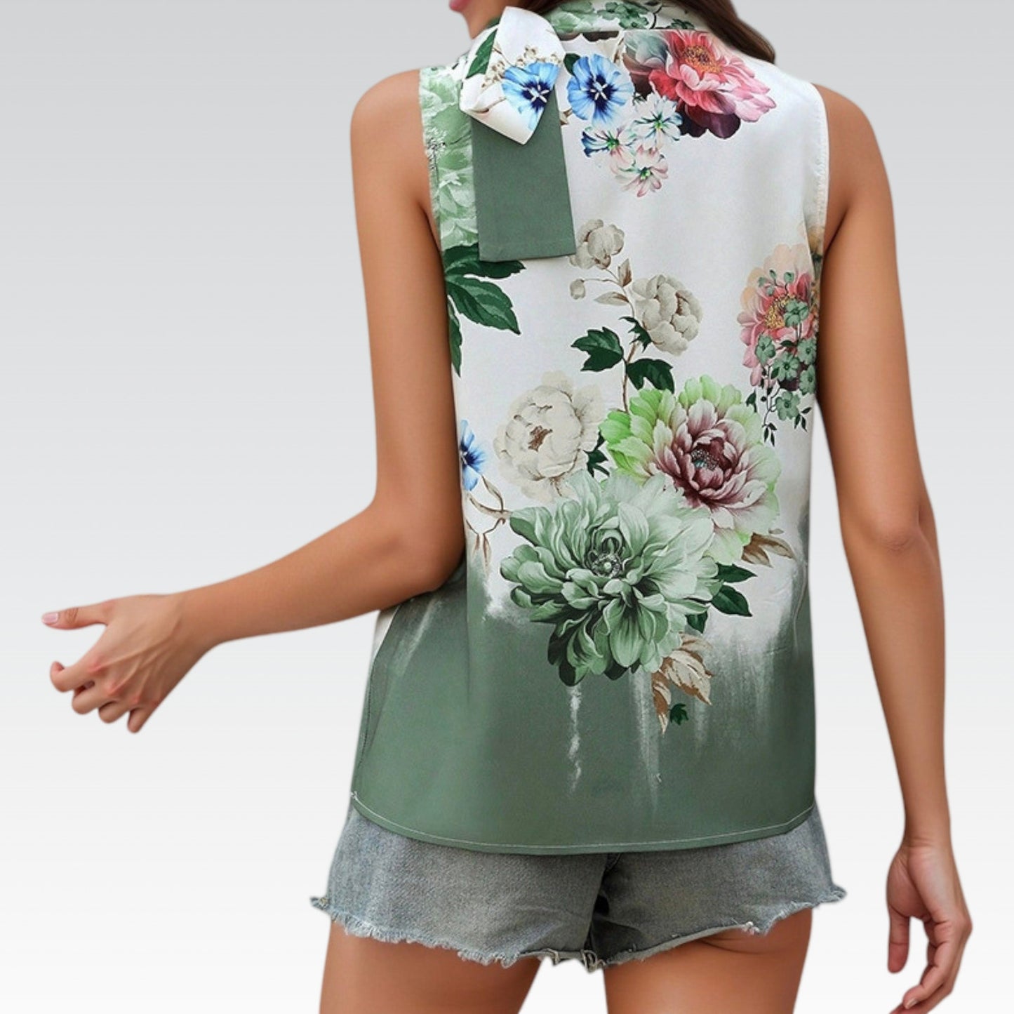 Anna-Kaci Women's Satin Floral Sleeveless Blouse with Mock Neck and Shoulder Bow Accent