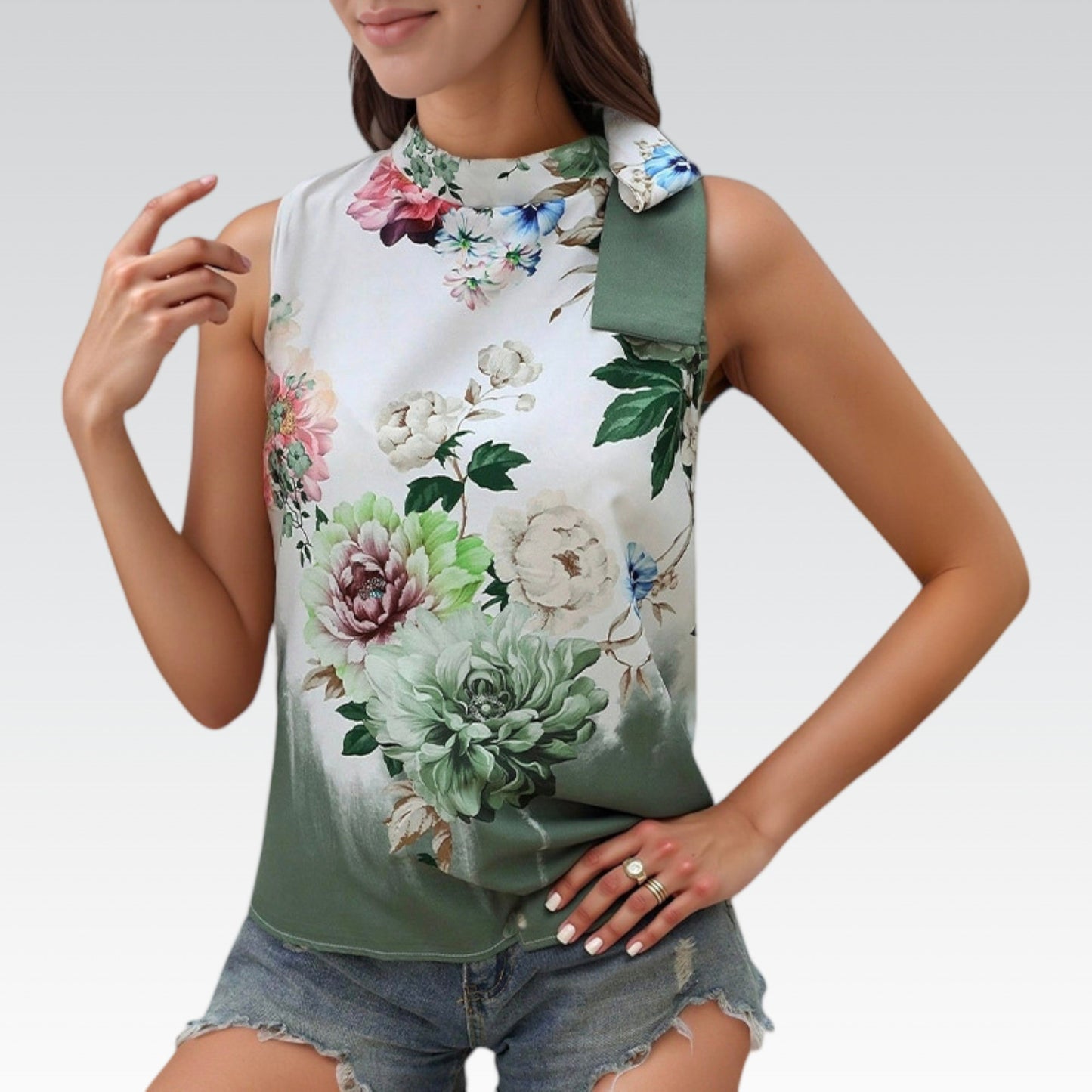 Anna-Kaci Women's Satin Floral Sleeveless Blouse with Mock Neck and Shoulder Bow Accent
