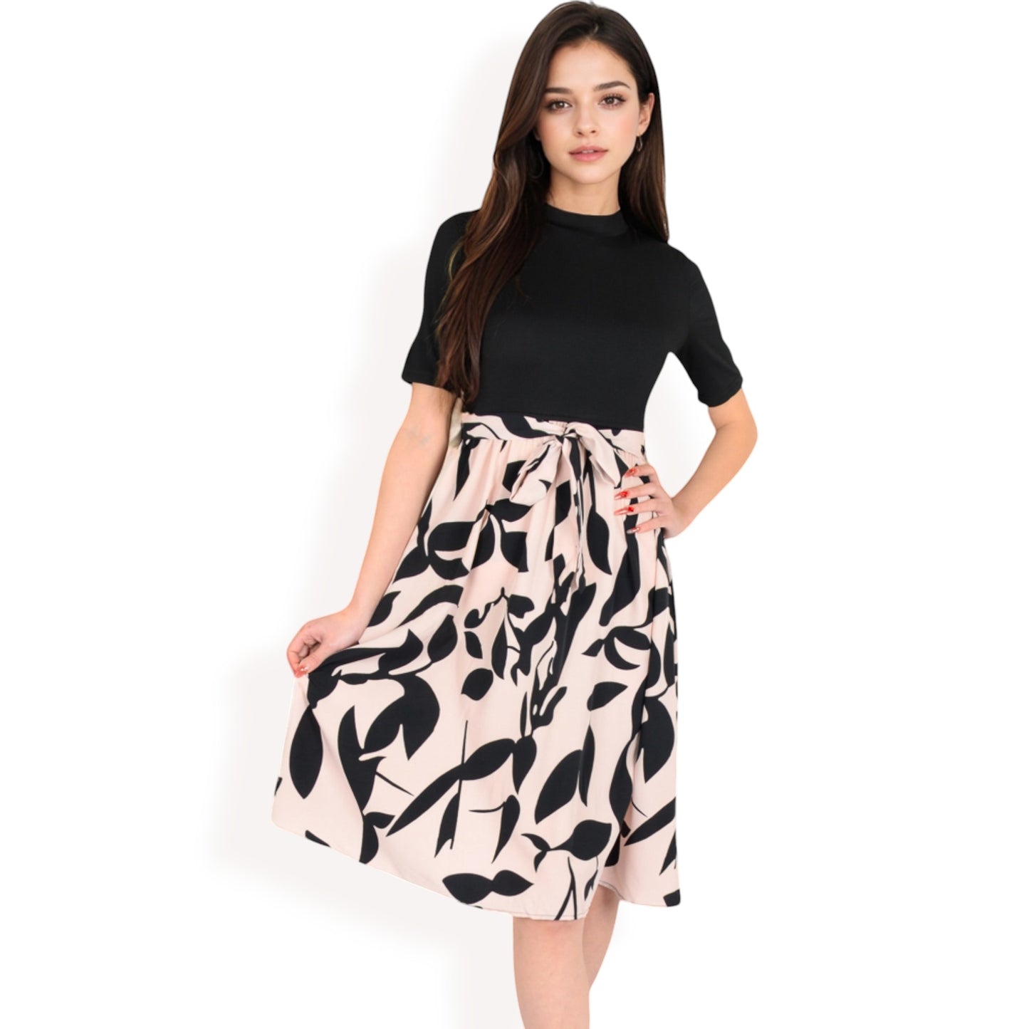 Anna-Kaci Women's High Neck Short Sleeve Dress with Contrast Leaf Print A-Line Skirt and Tie Waist