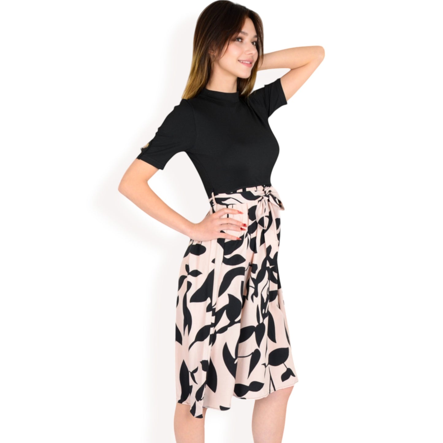 Anna-Kaci Women's High Neck Short Sleeve Dress with Contrast Leaf Print A-Line Skirt and Tie Waist