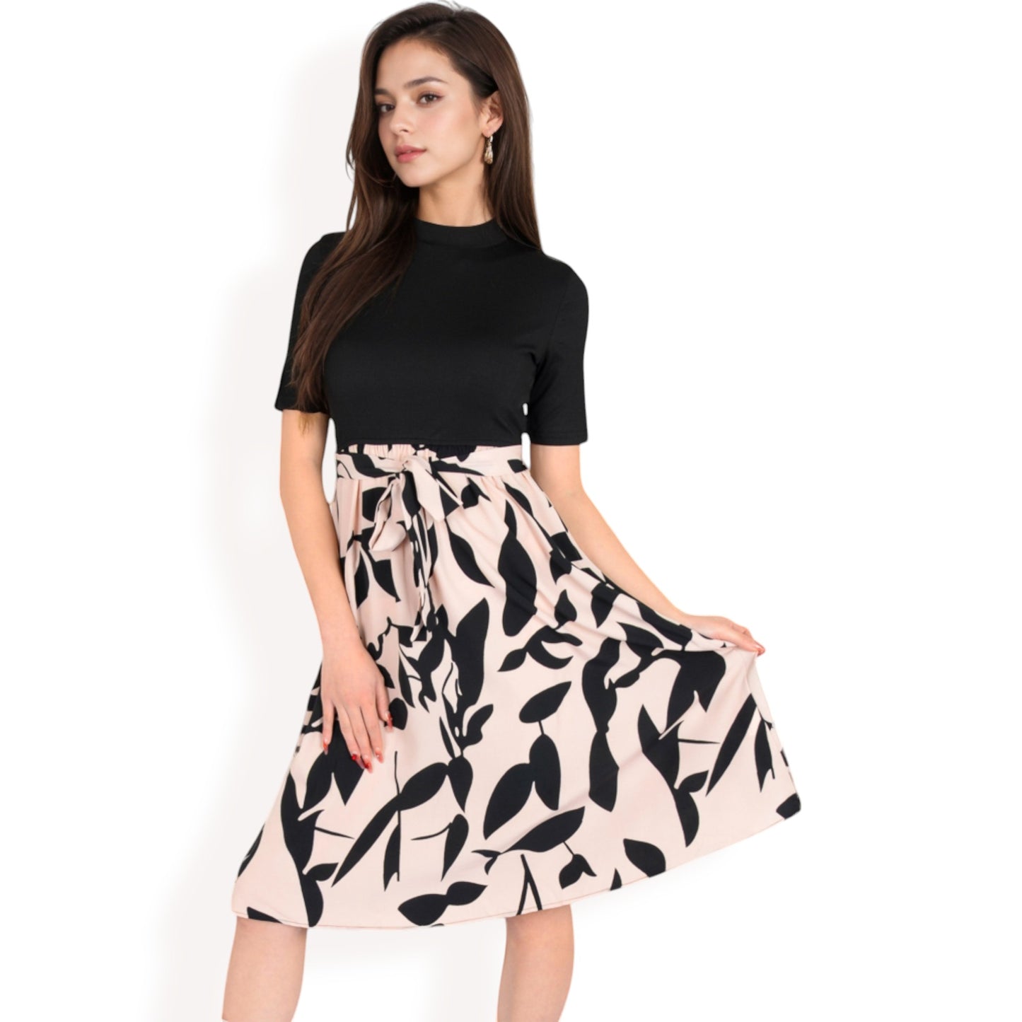 Anna-Kaci Women's High Neck Short Sleeve Dress with Contrast Leaf Print A-Line Skirt and Tie Waist