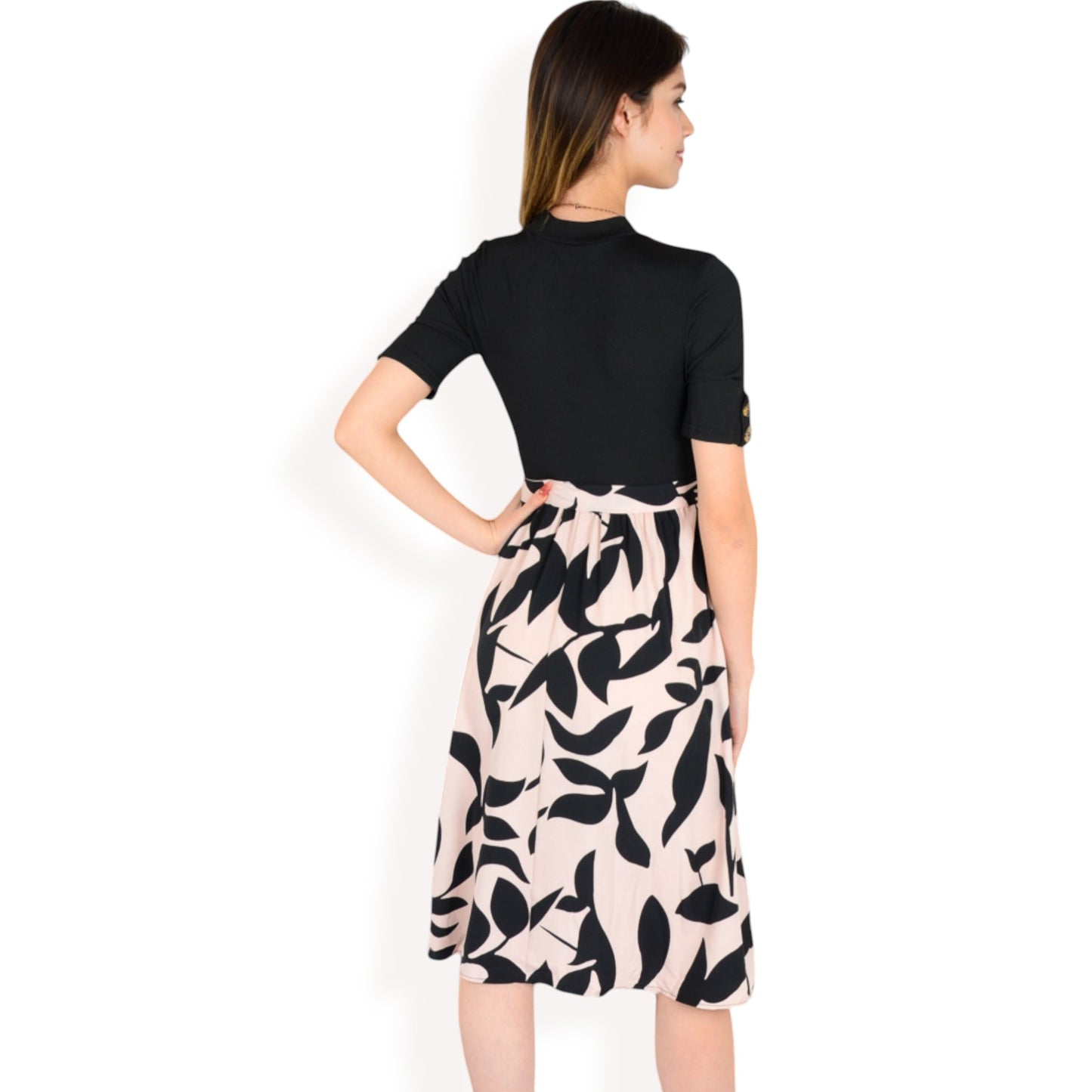 Anna-Kaci Women's High Neck Short Sleeve Dress with Contrast Leaf Print A-Line Skirt and Tie Waist