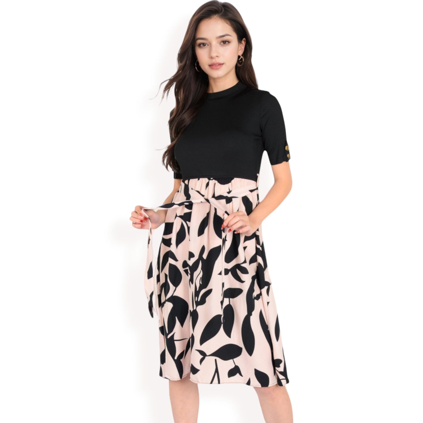Anna-Kaci Women's High Neck Short Sleeve Dress with Contrast Leaf Print A-Line Skirt and Tie Waist