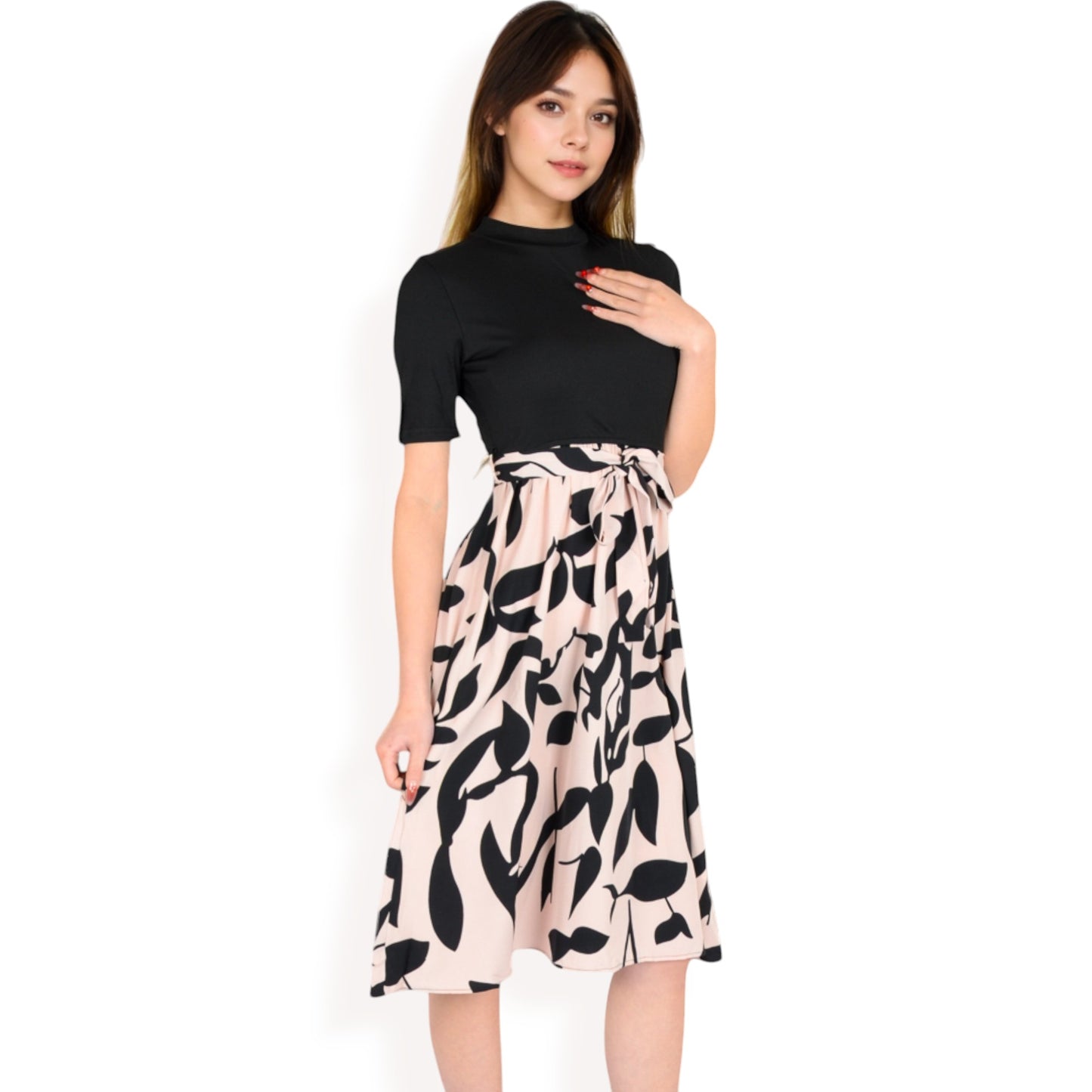 Anna-Kaci Women's High Neck Short Sleeve Dress with Contrast Leaf Print A-Line Skirt and Tie Waist