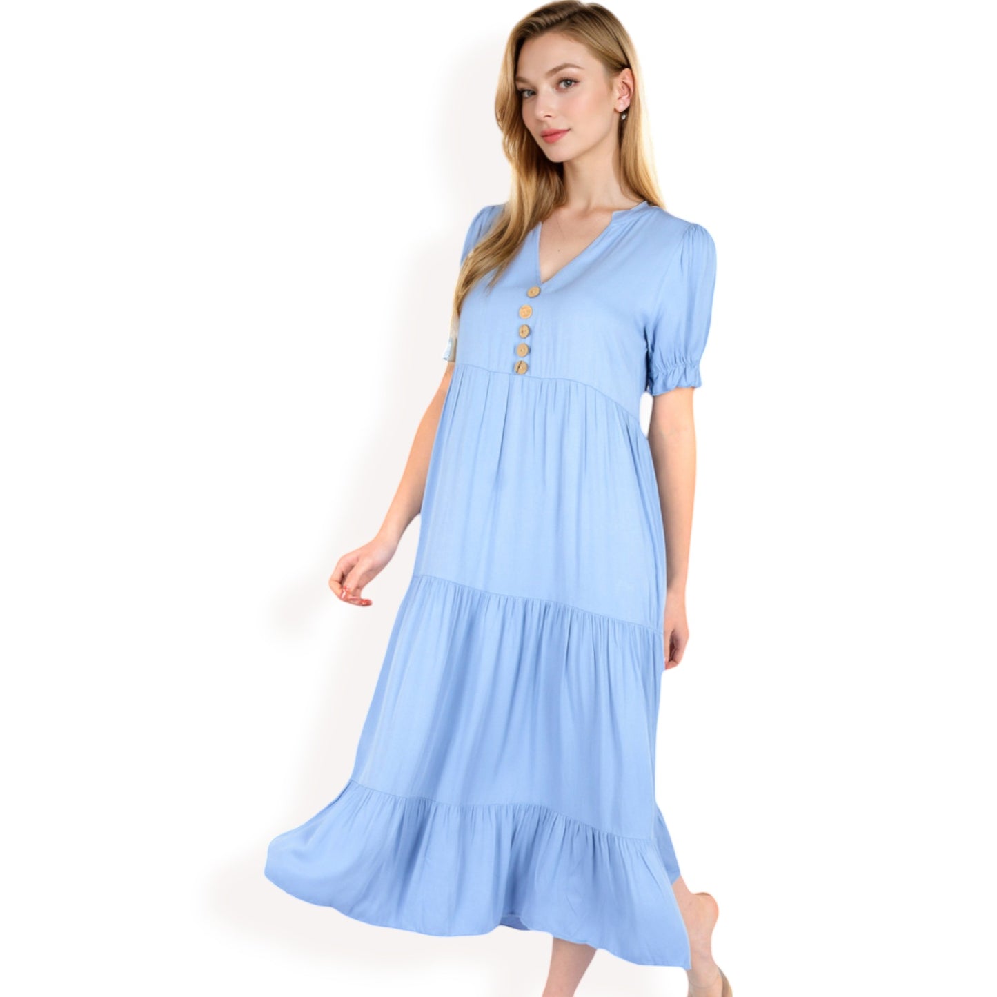 Anna-Kaci Women's Puff Sleeve Tiered Midi Dress with Button Front Detail and Smocked Cuffs