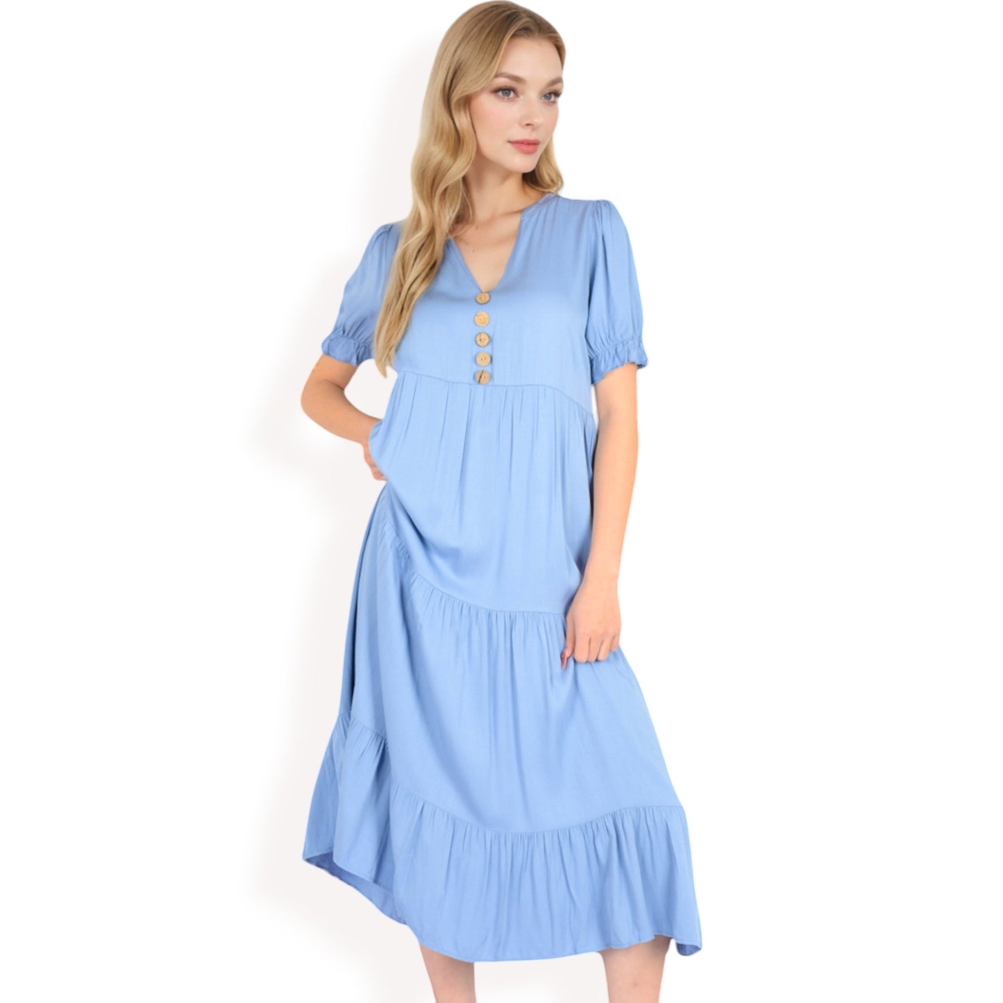 Anna-Kaci Women's Puff Sleeve Tiered Midi Dress with Button Front Detail and Smocked Cuffs