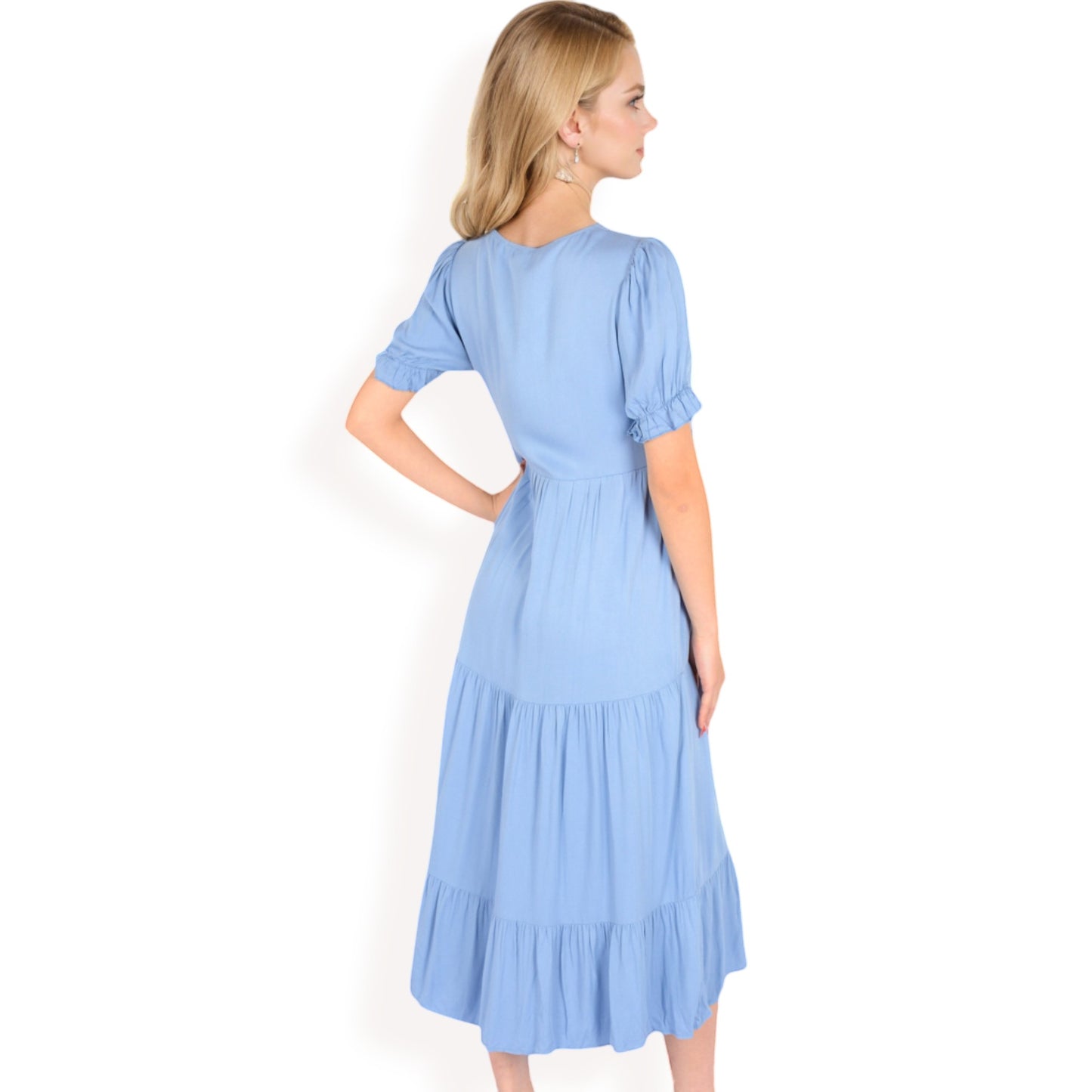 Anna-Kaci Women's Puff Sleeve Tiered Midi Dress with Button Front Detail and Smocked Cuffs