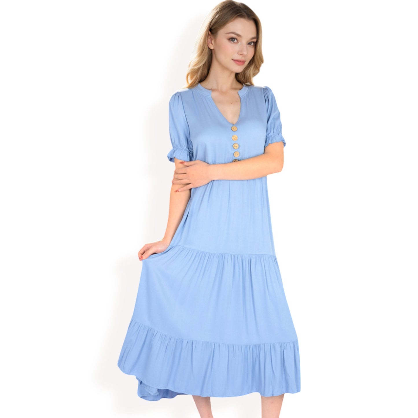 Anna-Kaci Women's Puff Sleeve Tiered Midi Dress with Button Front Detail and Smocked Cuffs