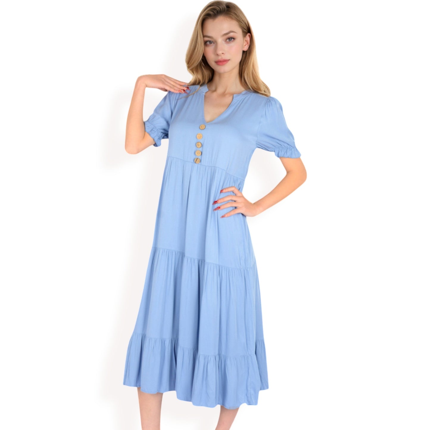 Anna-Kaci Women's Puff Sleeve Tiered Midi Dress with Button Front Detail and Smocked Cuffs