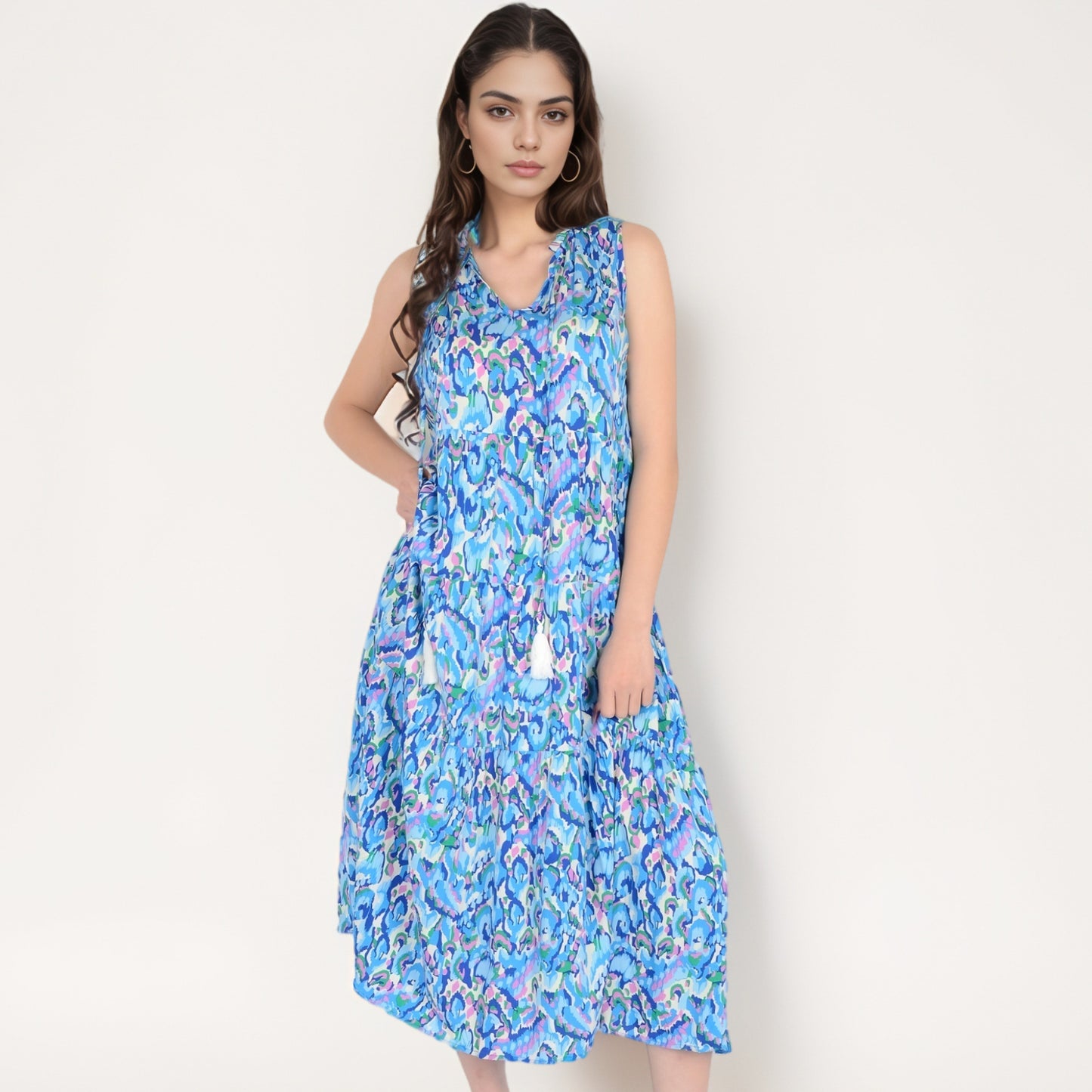 Anna-Kaci Women's Sleeveless Tiered Maxi Dress with Vibrant Abstract Print and Tassel Tie Detail