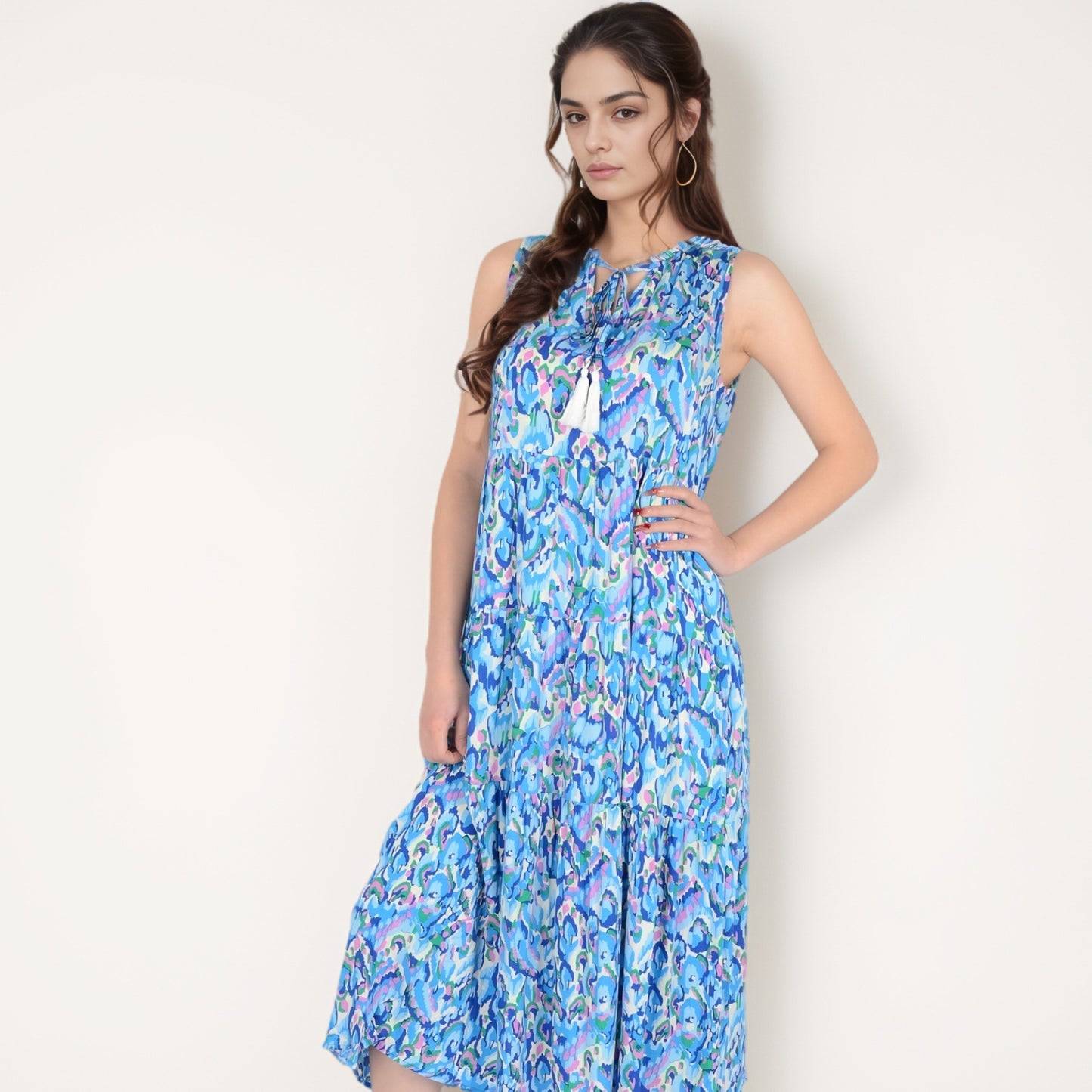 Anna-Kaci Women's Sleeveless Tiered Maxi Dress with Vibrant Abstract Print and Tassel Tie Detail