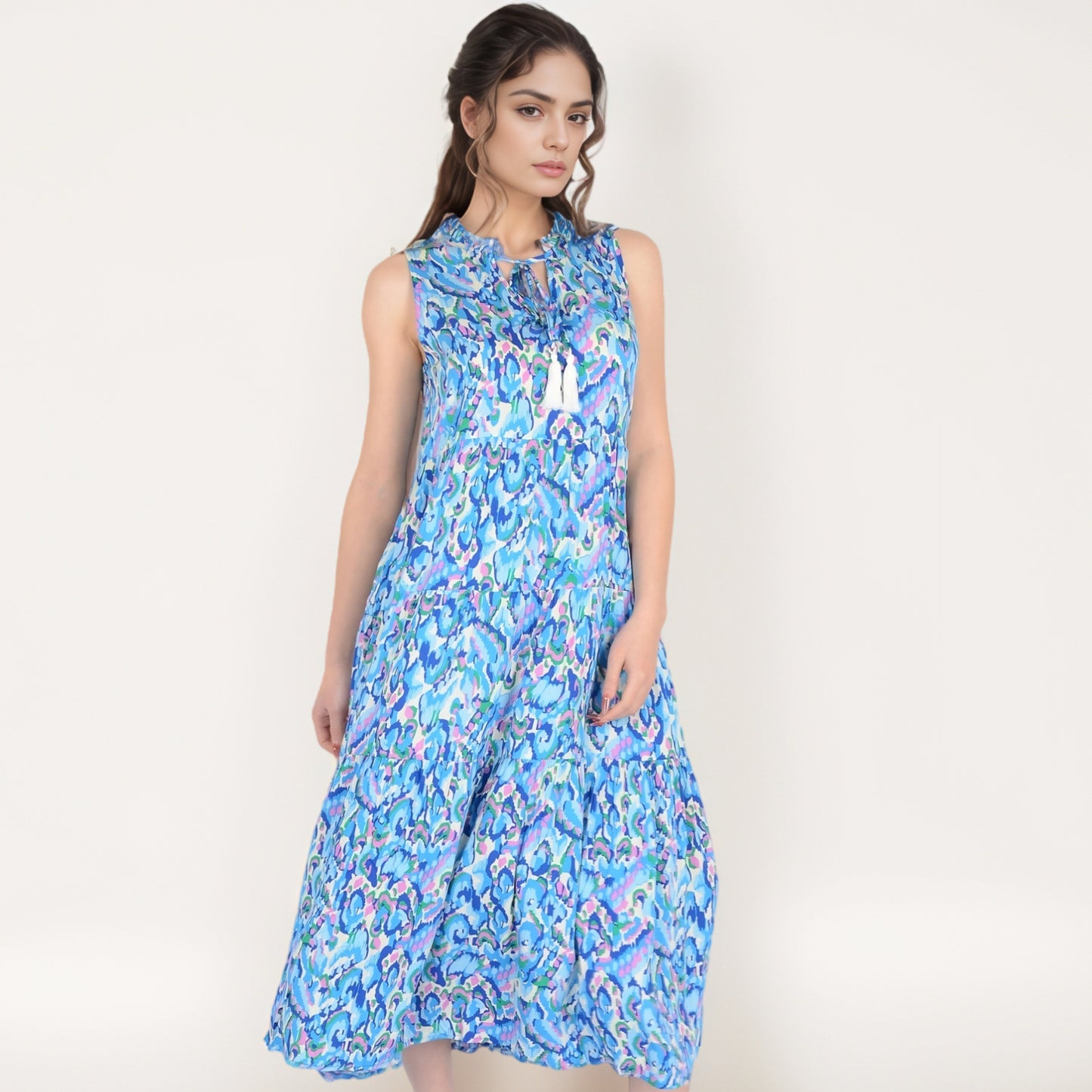 Anna-Kaci Women's Sleeveless Tiered Maxi Dress with Vibrant Abstract Print and Tassel Tie Detail
