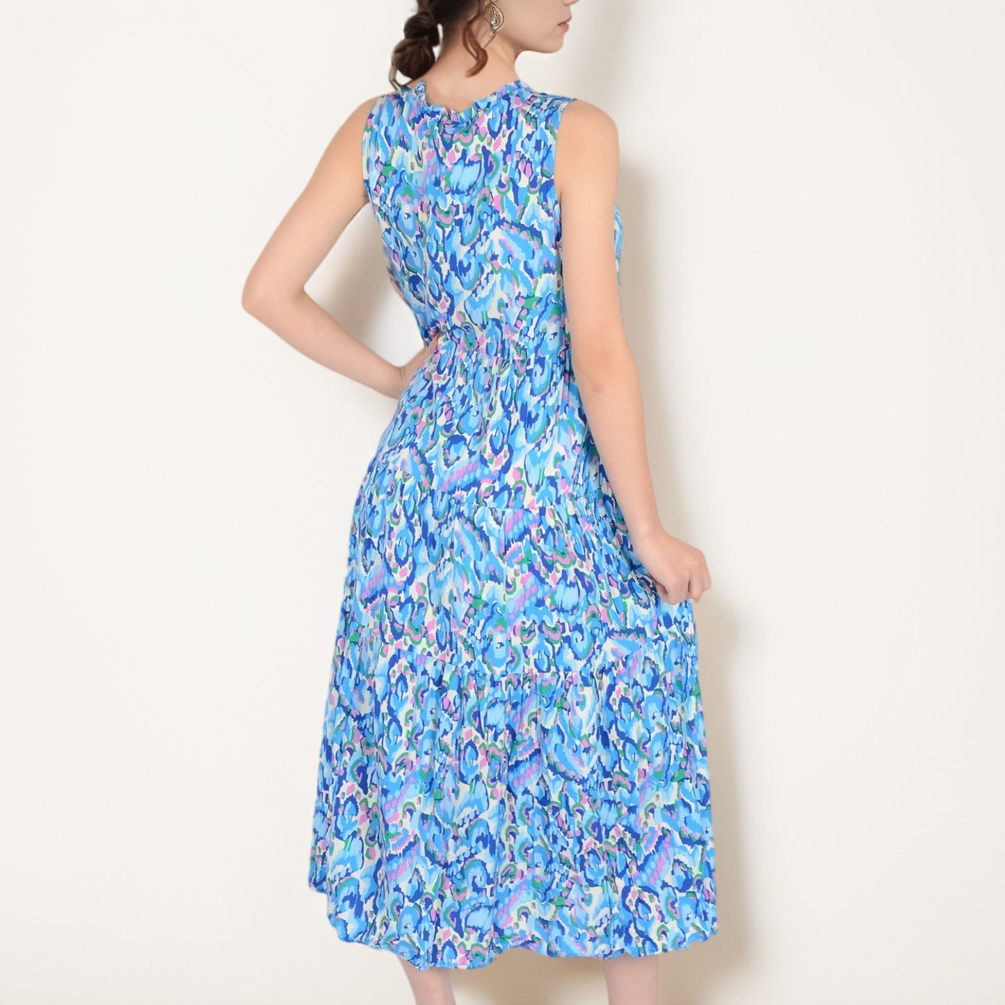 Anna-Kaci Women's Sleeveless Tiered Maxi Dress with Vibrant Abstract Print and Tassel Tie Detail